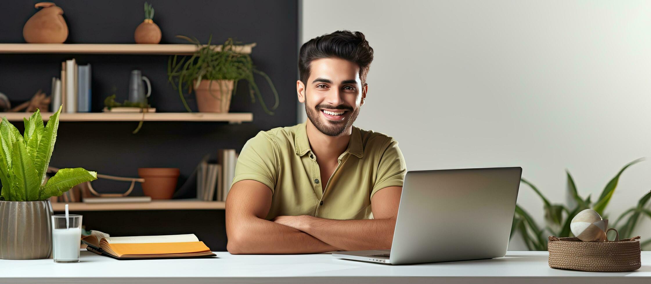 Smiling Arab man sitting at desk office or home copy space photo