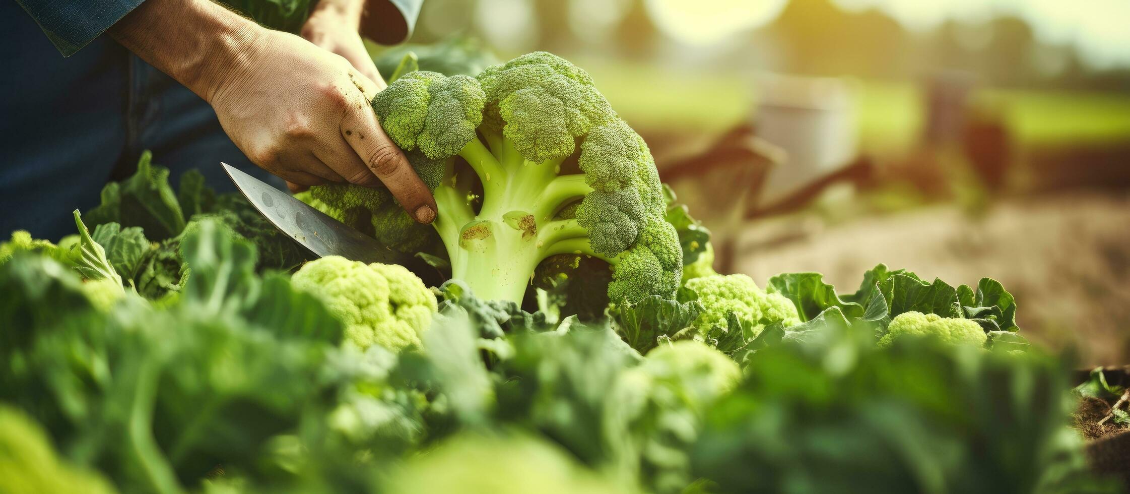 Worker cutting broccoli outdoors on vegetable plantation closeup photo