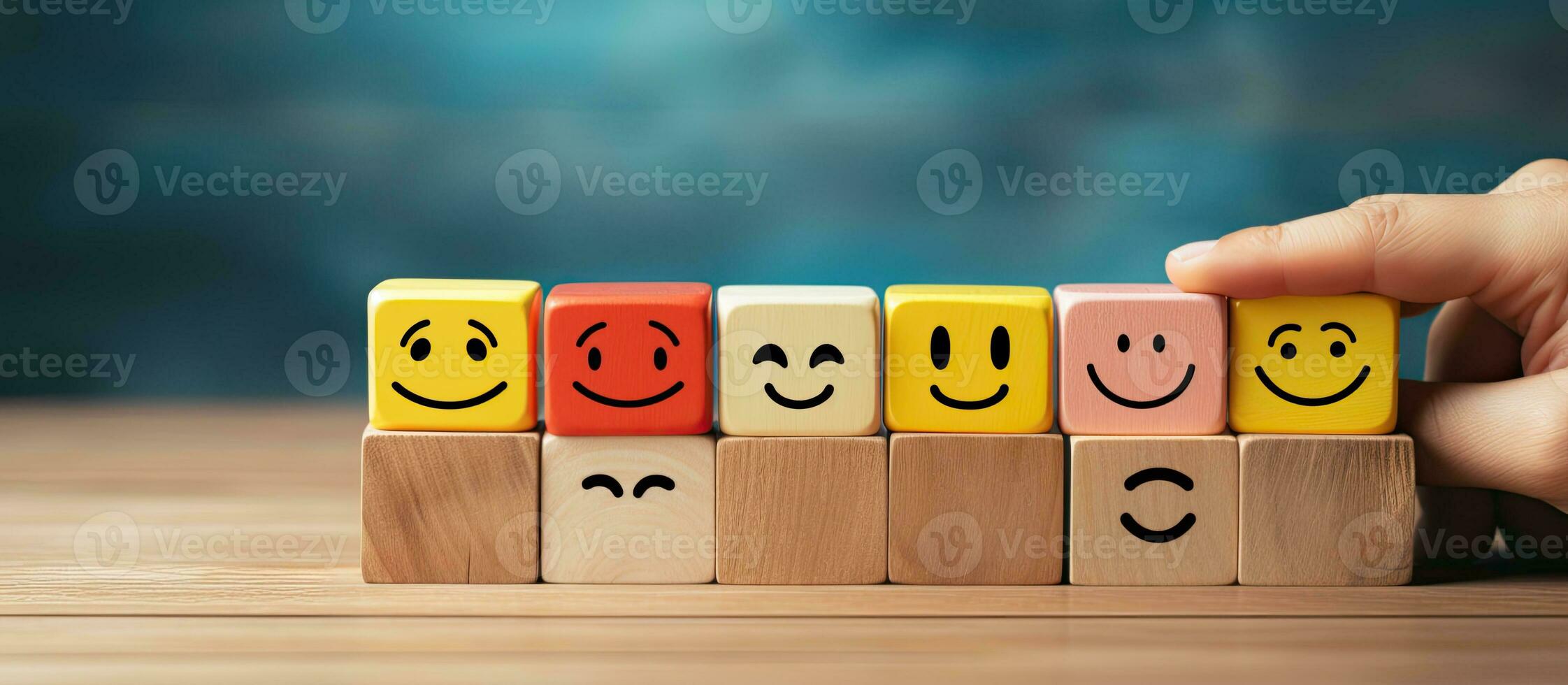 Customer selects smiley face and sad face icons on wooden cube symbolizing service rating and satisfaction Copy space available photo
