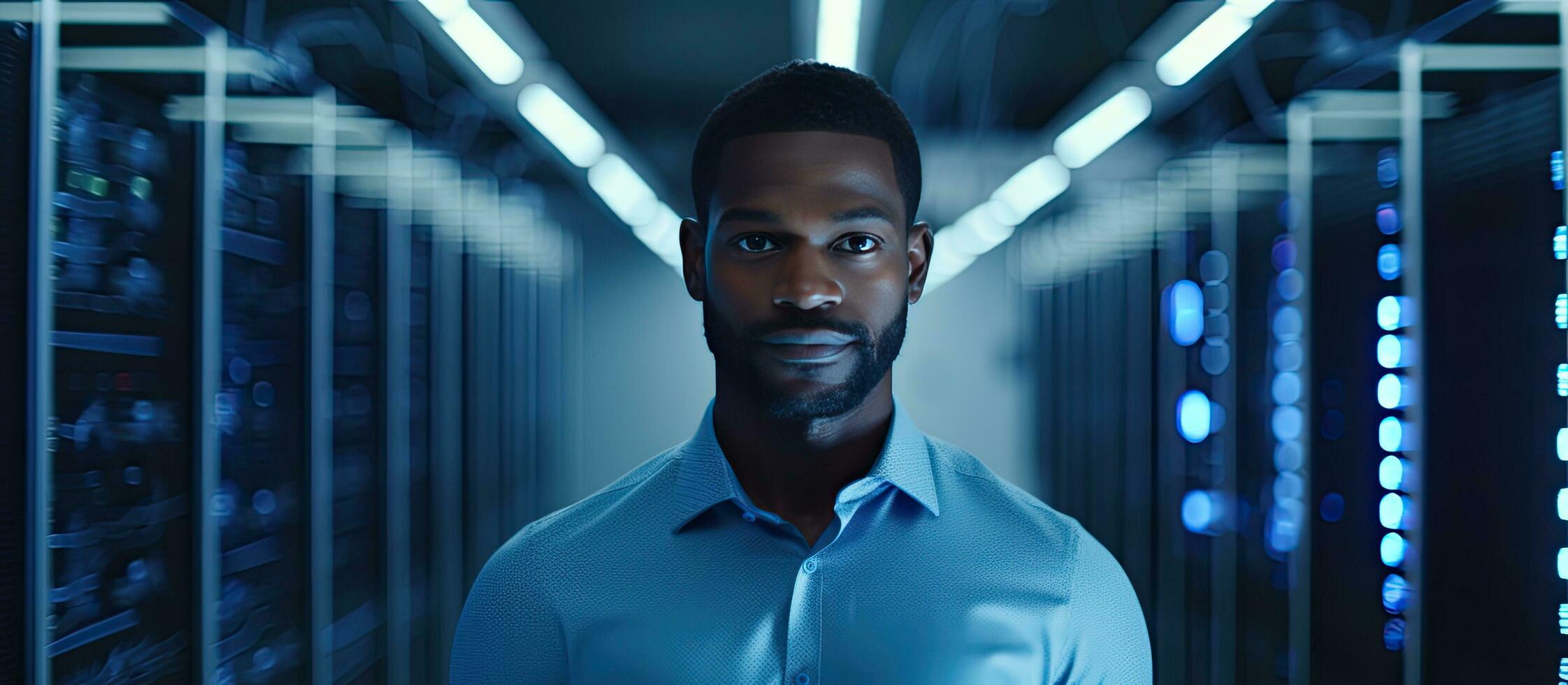 African American data engineer working in server room copy space available photo