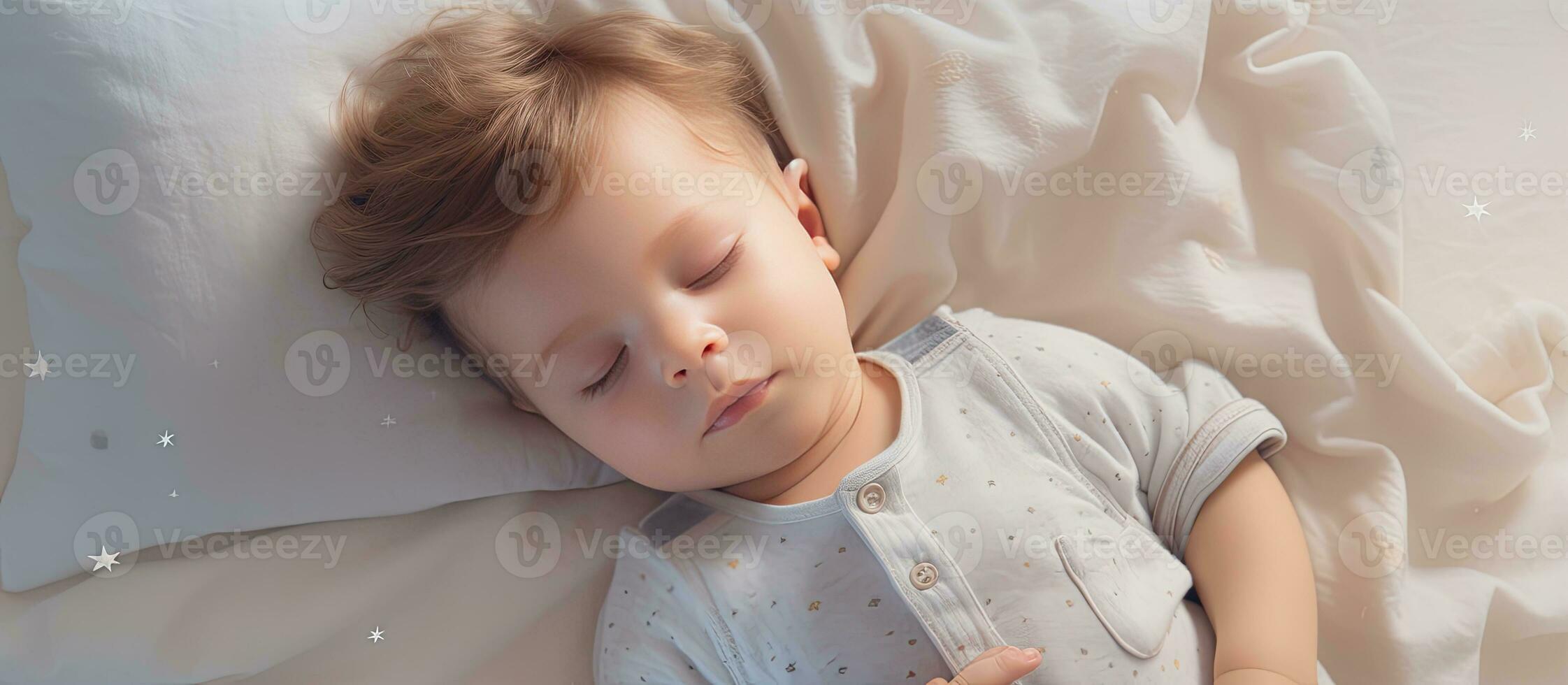 Top view of cute toddler sleeping on side in bed indoors 27184423 Stock