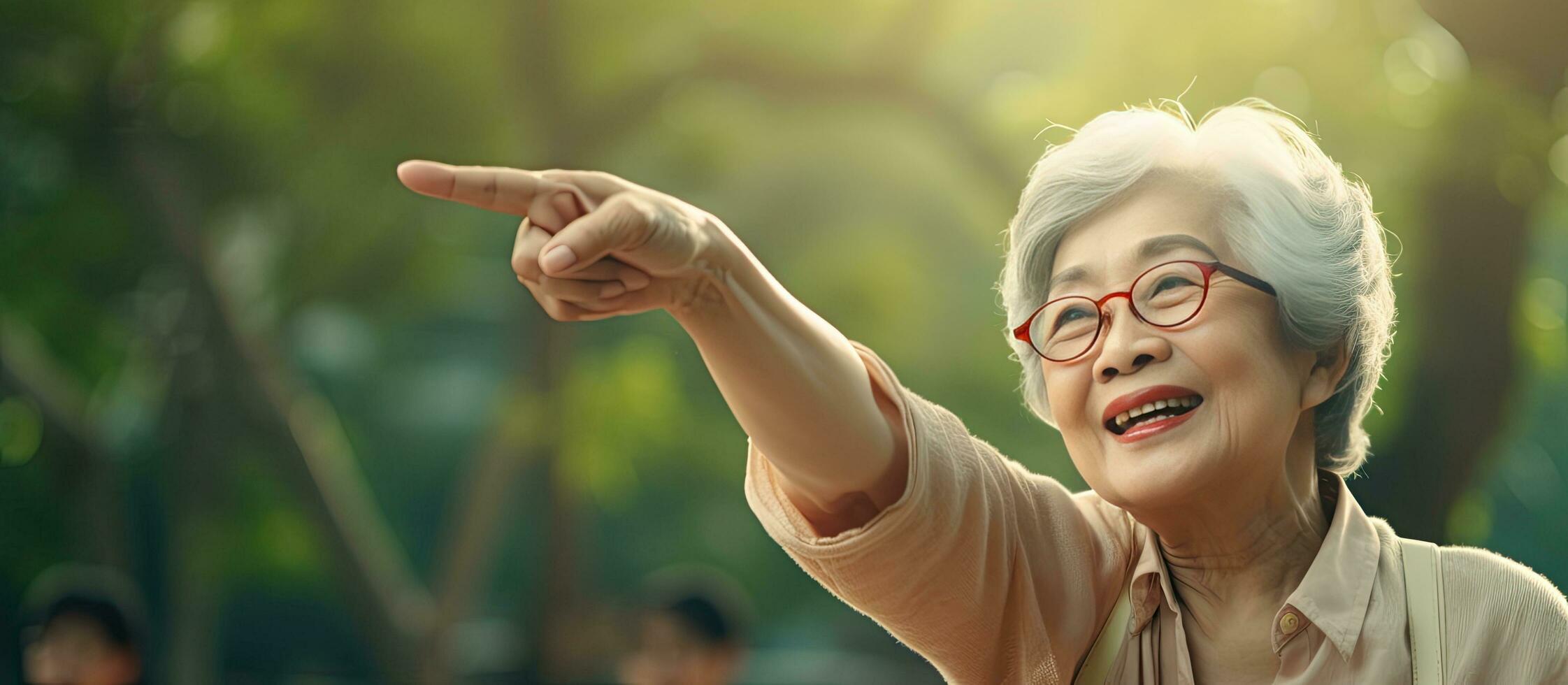 Elderly Asian woman in her 60s happily pointing upward in a park photo