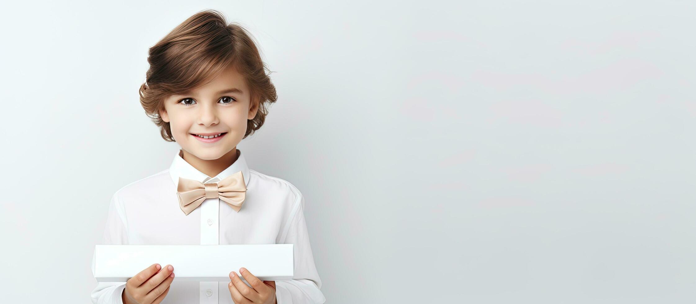 Young girl pointing with a smile on a white background symbolizing advertising education and good ideas photo