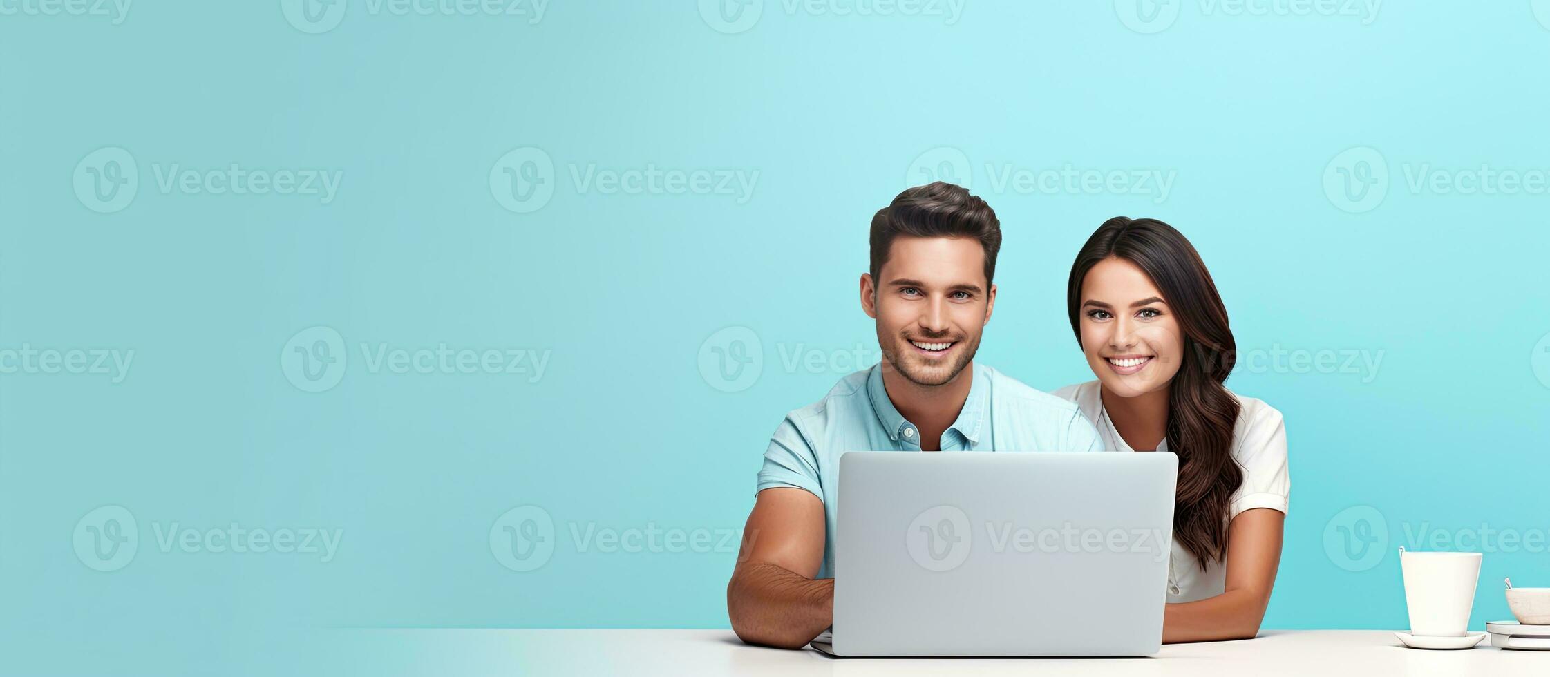 Couple happily sitting at computer Financial concept pleasant smiles Banner with space for text photo