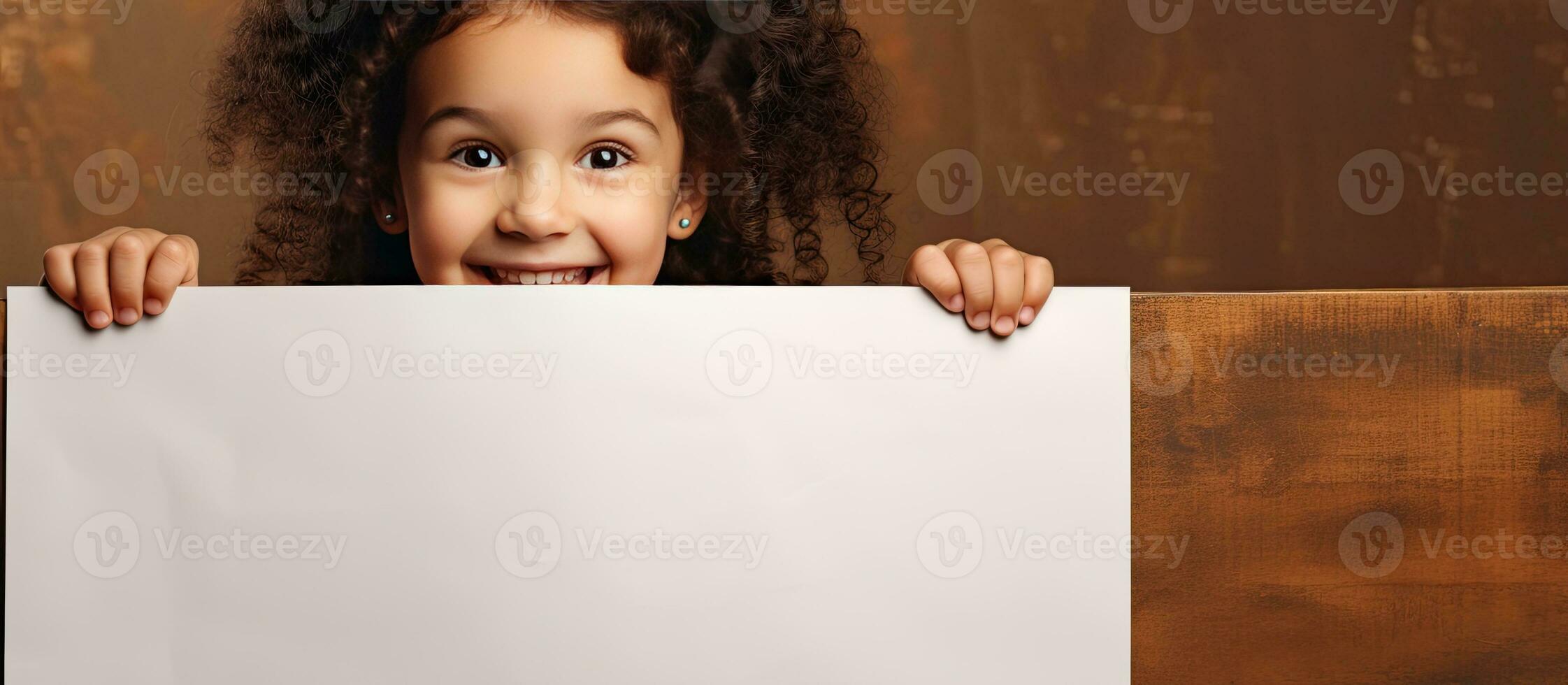 Happy girl behind blank banner on brown background Space for text or design photo