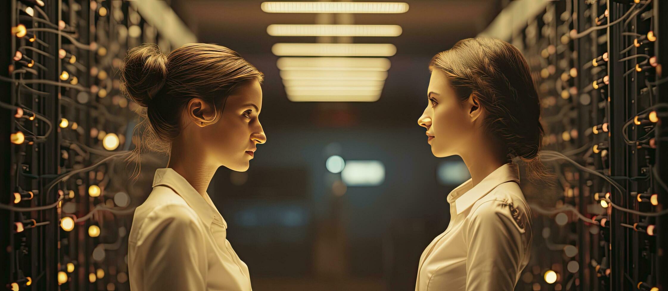 Two young women setting up supercomputer network using laptop in server room copy space for portrait photo