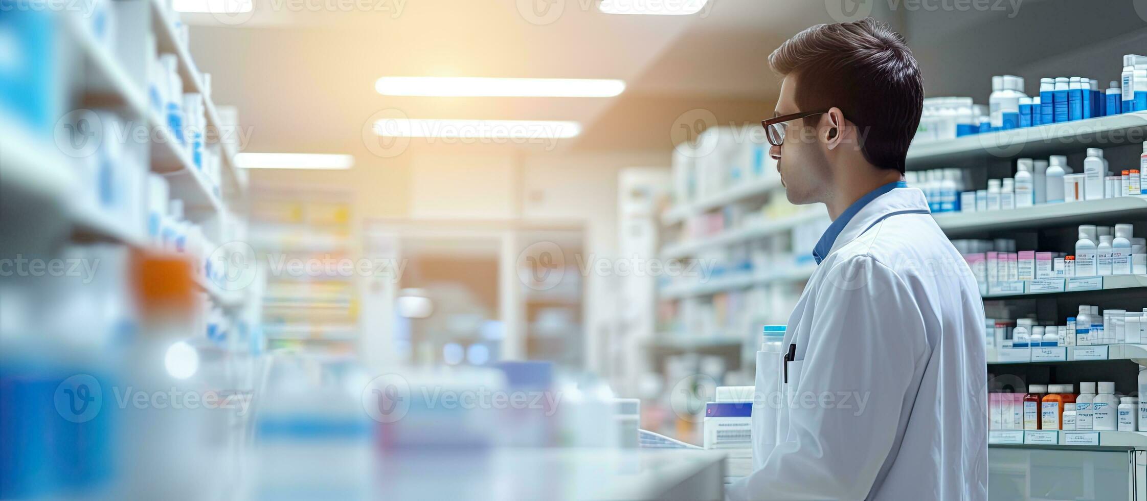 African American pharmacist at work in pharmacy checking medicine supplies photo