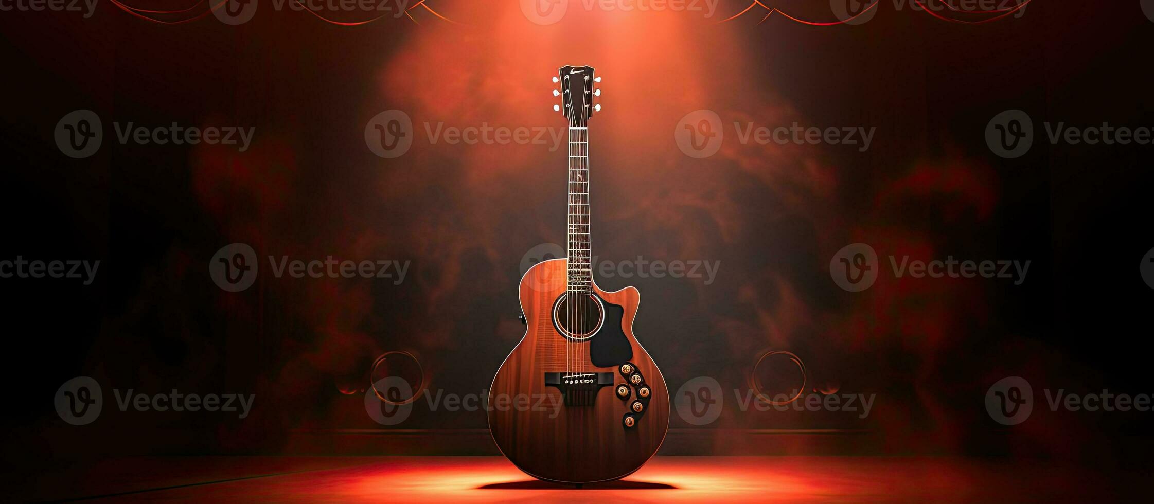 Acoustic guitar playing on stage a concert band Rock musician with an electric guitar Focus on guitars and strings Empty area for text photo