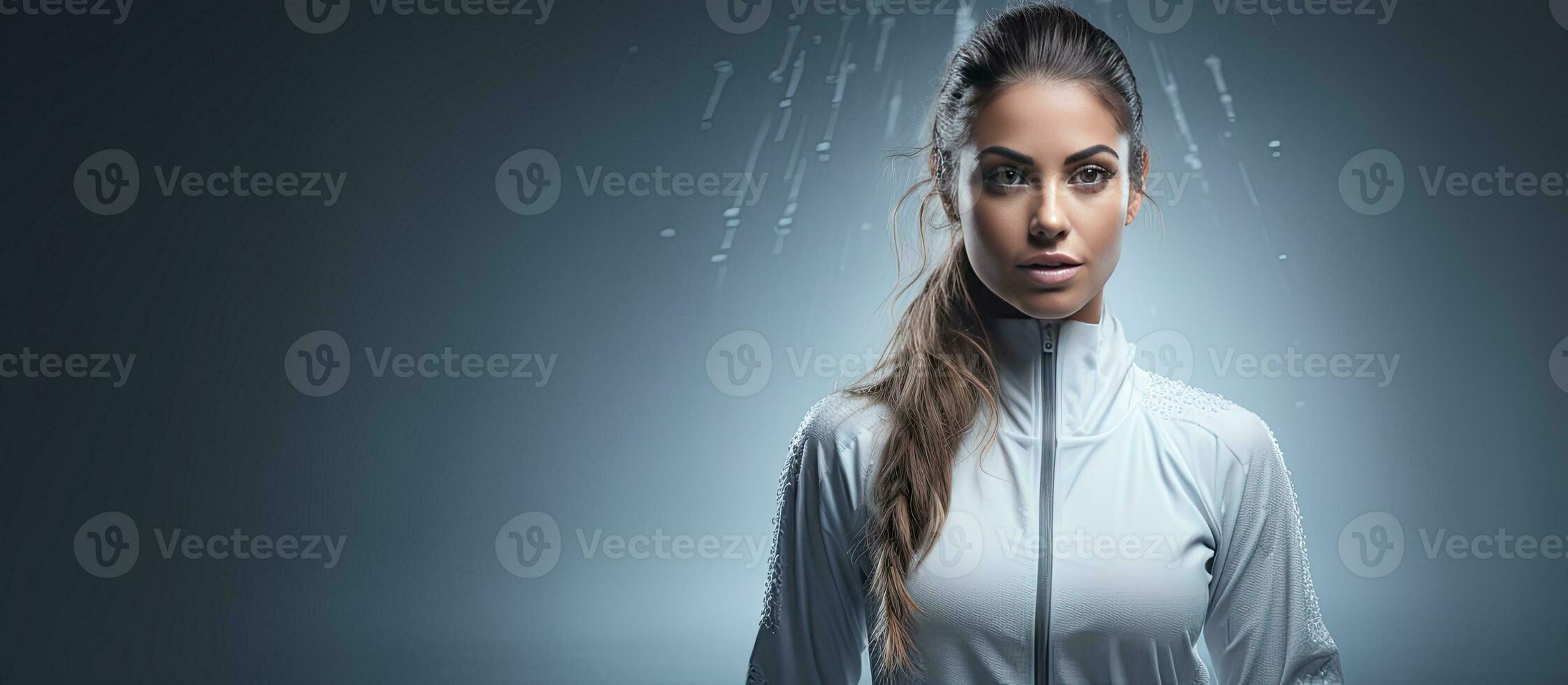 Fit sportswoman ready for a sprint over grey background with space for text photo