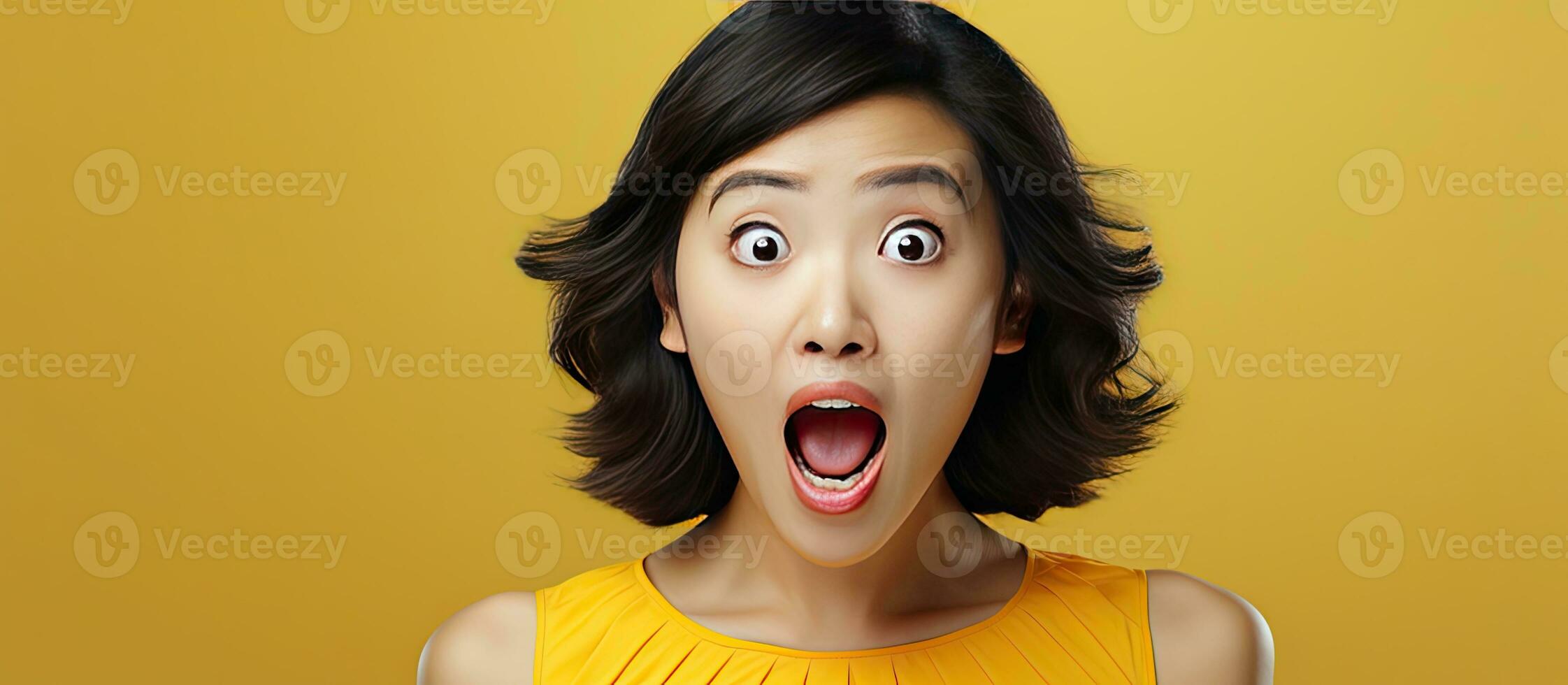 Excited Asian woman presenting a product with a surprised and happy expression and open mouth looking at the copy space photo