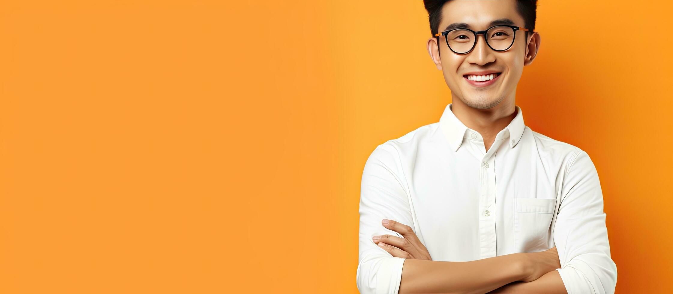 Happy smiling Asian teenage model in white shirt posing confidently for camera on orange studio background photo