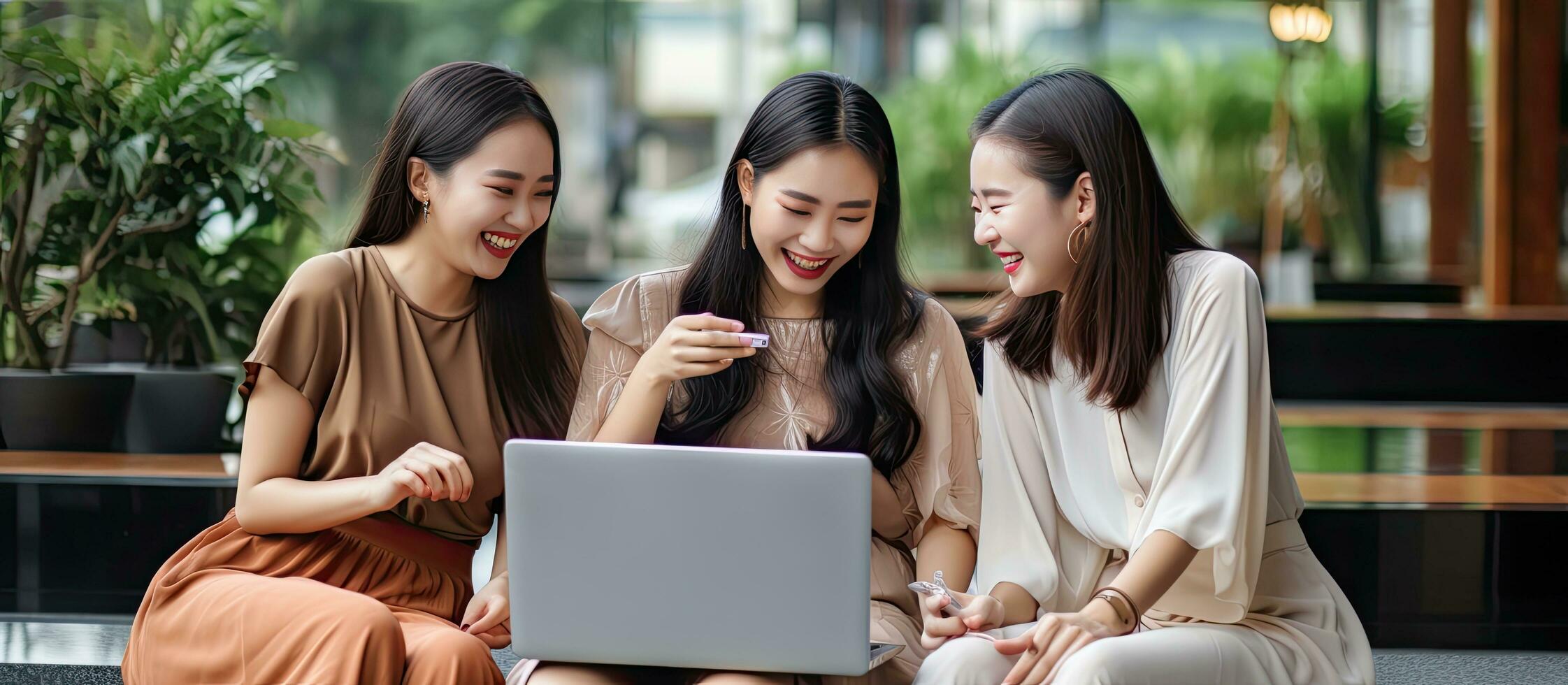 Three attractive Asian females engaged in technology usage and conversation while seated on a caf sofa representing a modern lifestyle and the concept photo