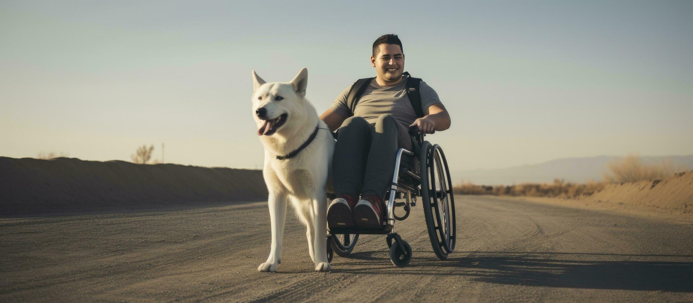 Adult man in wheelchair with white dog outdoors copy space photo