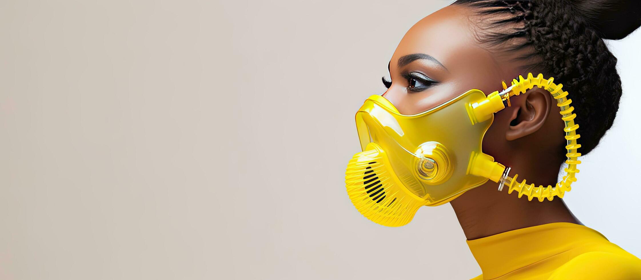 A girl with dark skin wears a medical mask and a yellow dress as she listens to the teacher isolated on a white background in a banner format photo