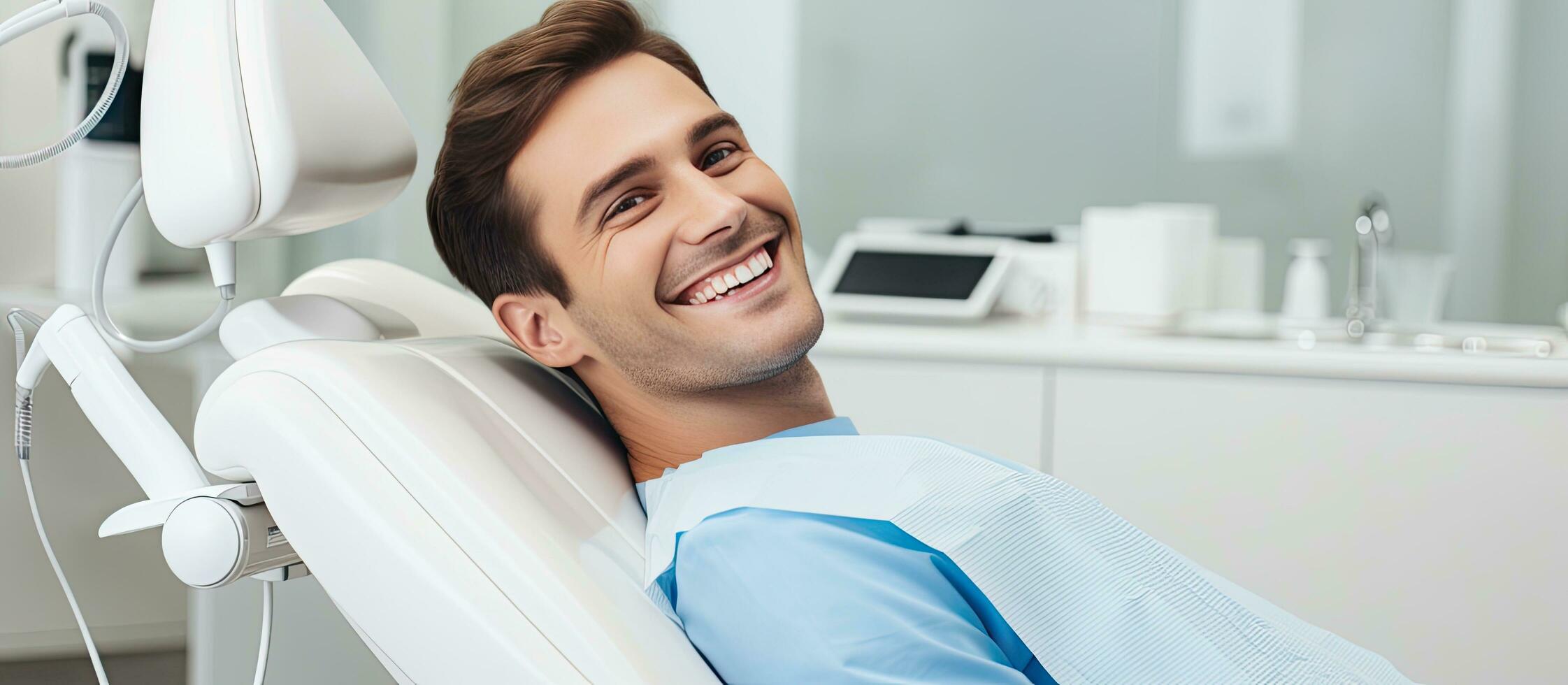 Young man at the dentist receiving dental care with empty background photo