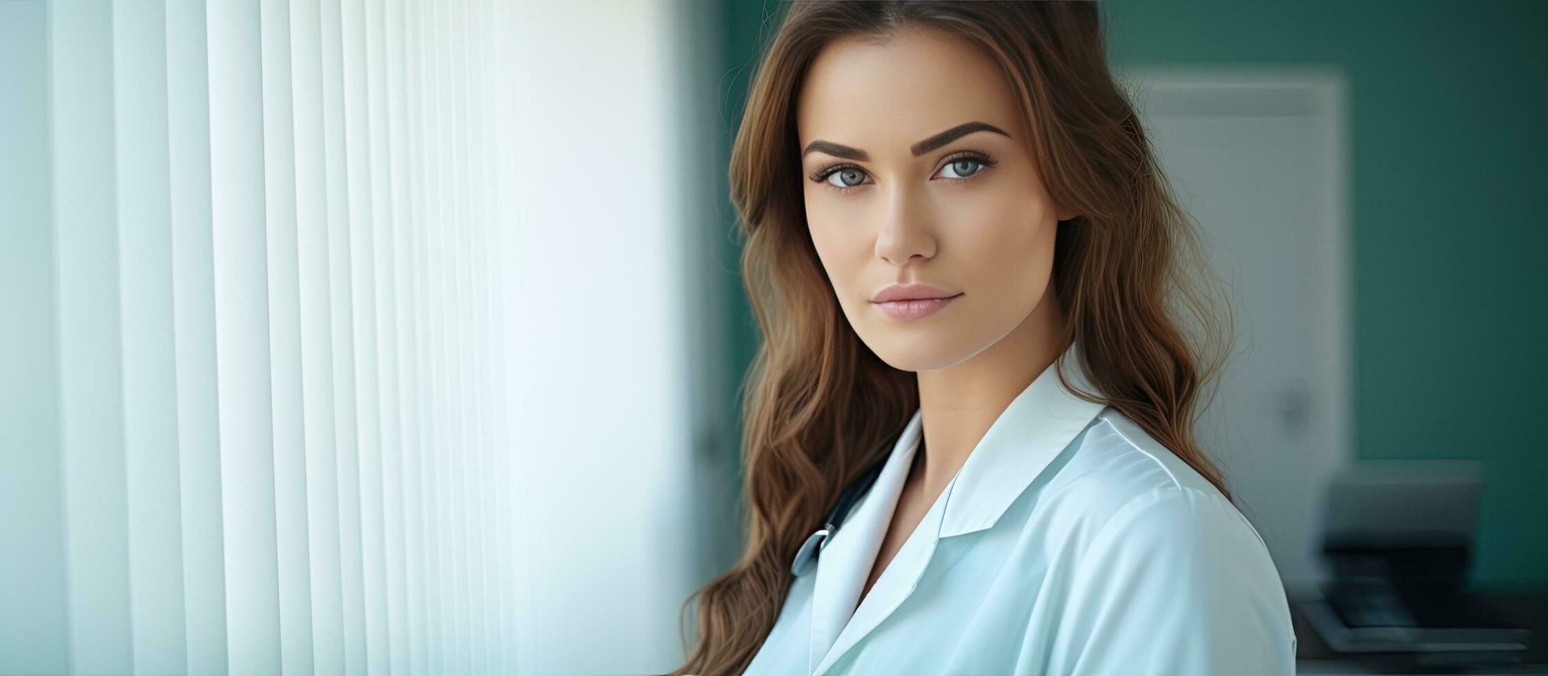 Serious female doctor in medical uniform close up light background copy space photo