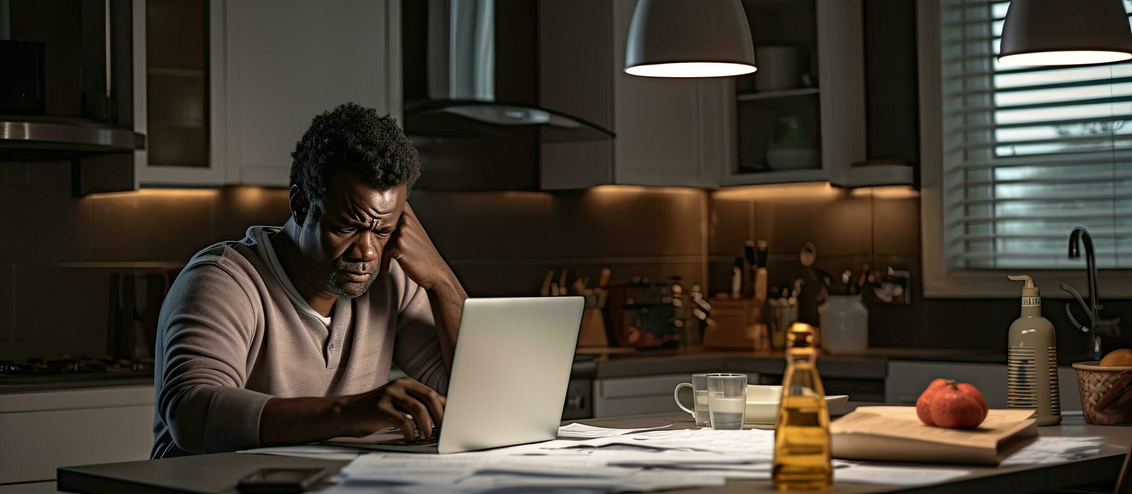 Black middle aged man frustrated over financial crisis managing expenses with laptop and calculator in kitchen photo