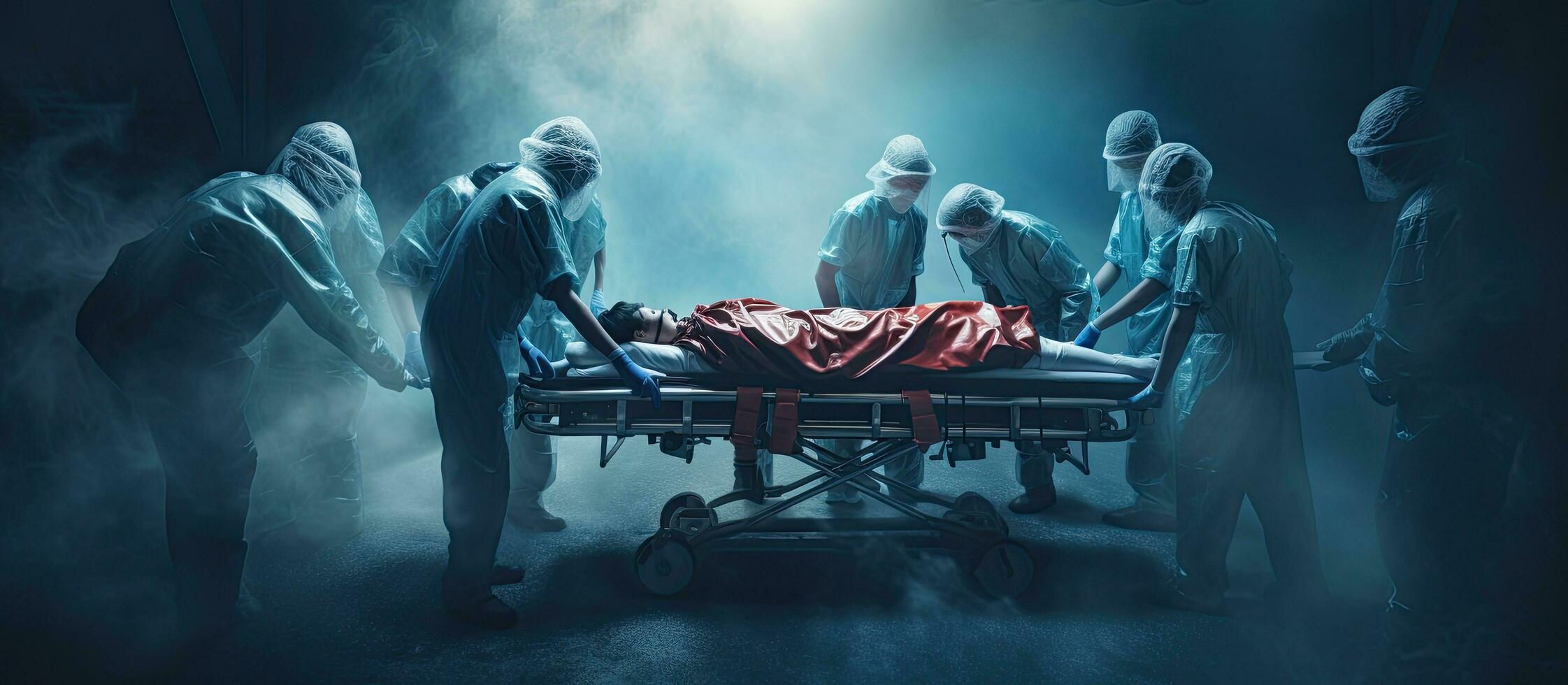 Asian medical team transporting elderly patient in hospital for emergency care Health care service banner photo
