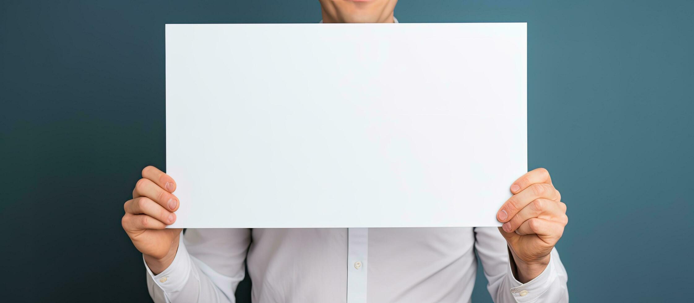 Man showing empty sign board on studio background pointing finger photo