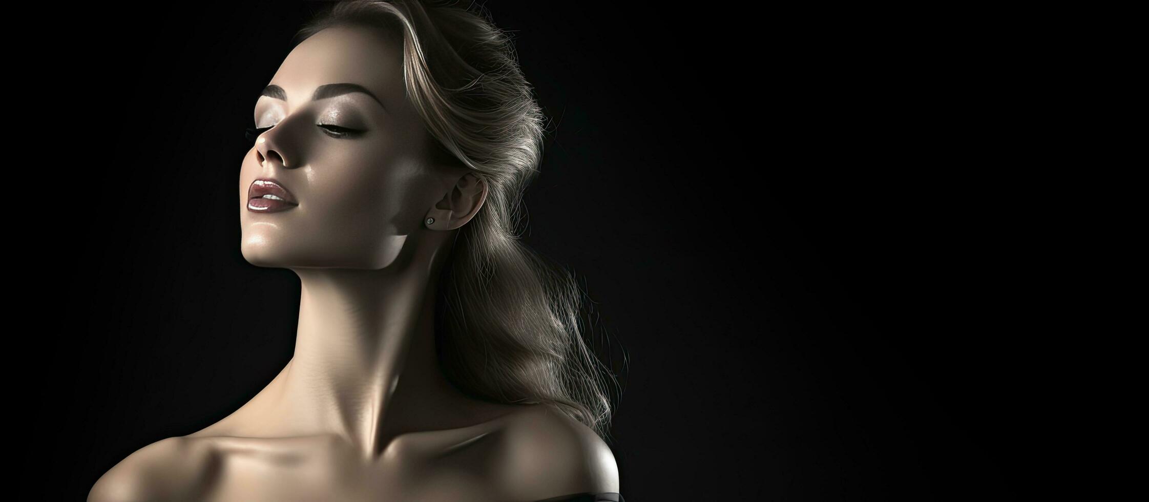 Young woman with glamorous makeup looking back over her bare shoulder black background with space for text in black and white photo