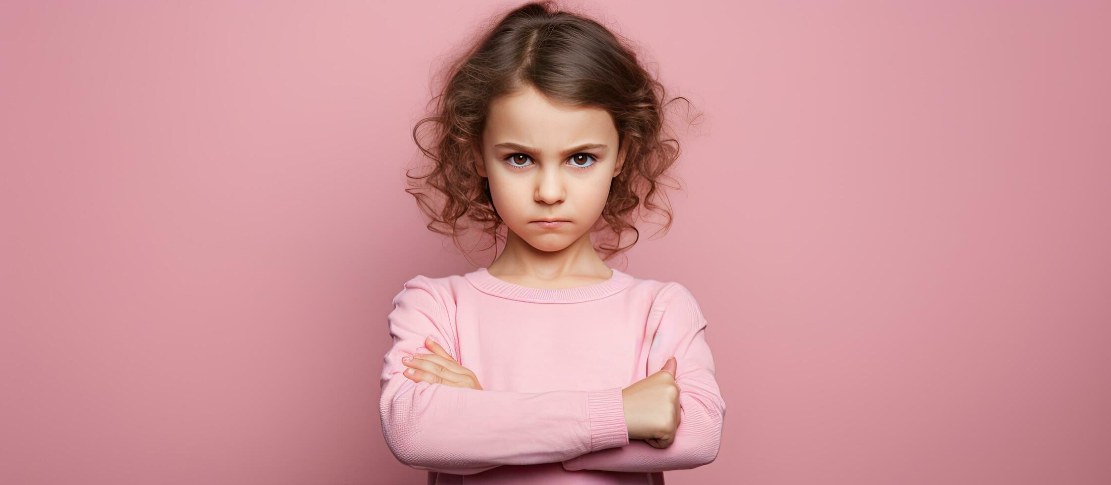 Little girl displaying non verbal refusal Pink background empty area for text Child expressing dissent denial photo