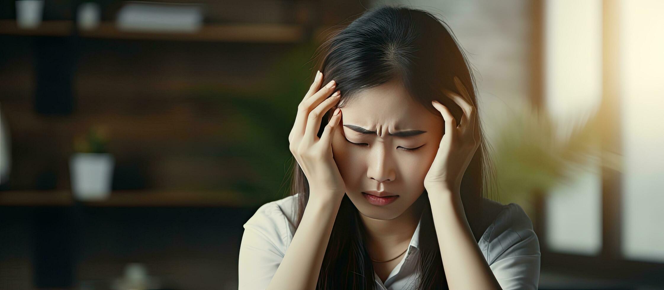 Stressed Asian women with migraines feeling upset and depressed in need of space for copy photo