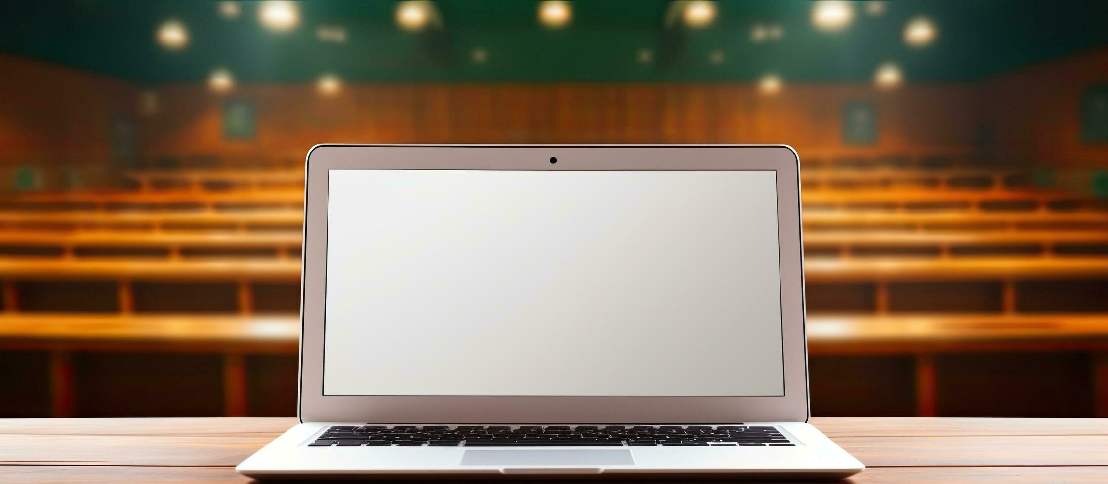 Blank white laptop screen on teacher s desk in school auditorium copy space photo