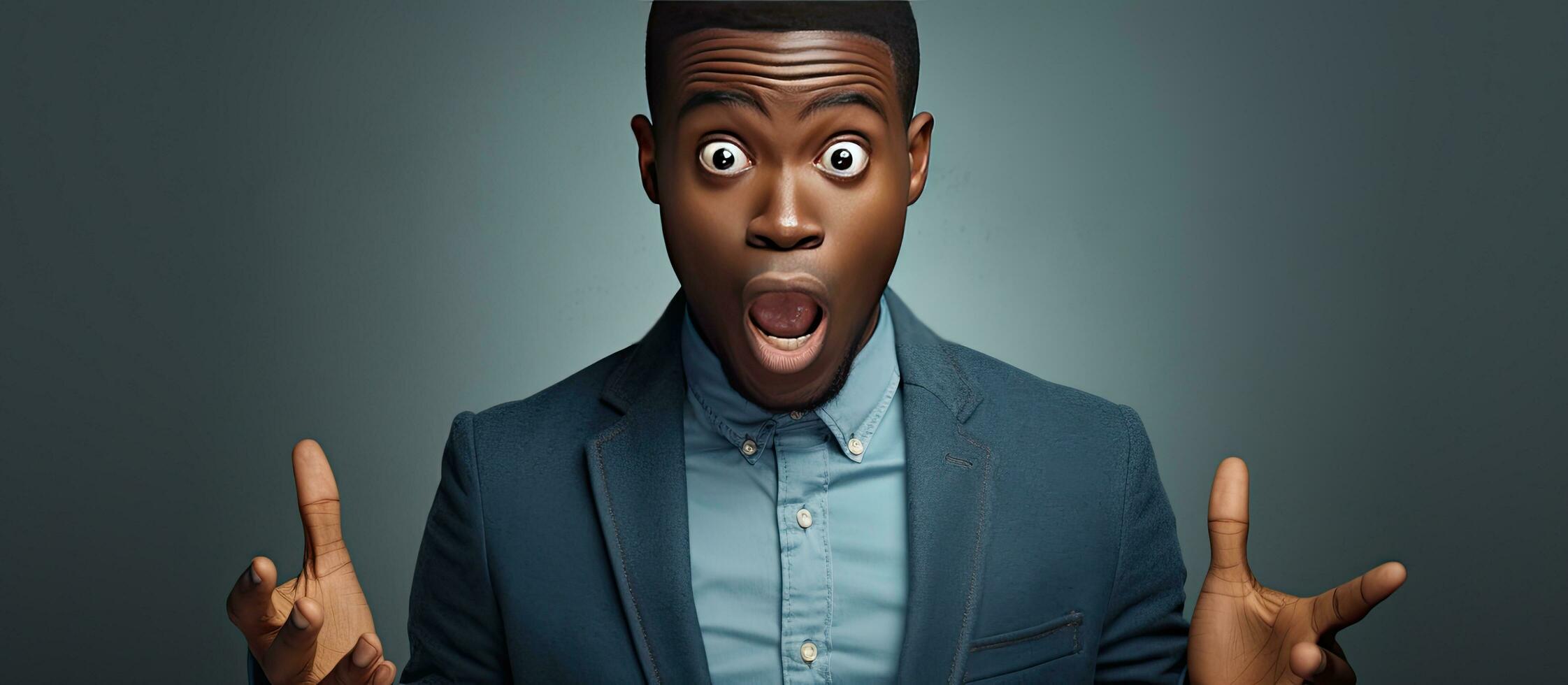 Amazed black man opening mouth wide indicating towards empty area photo