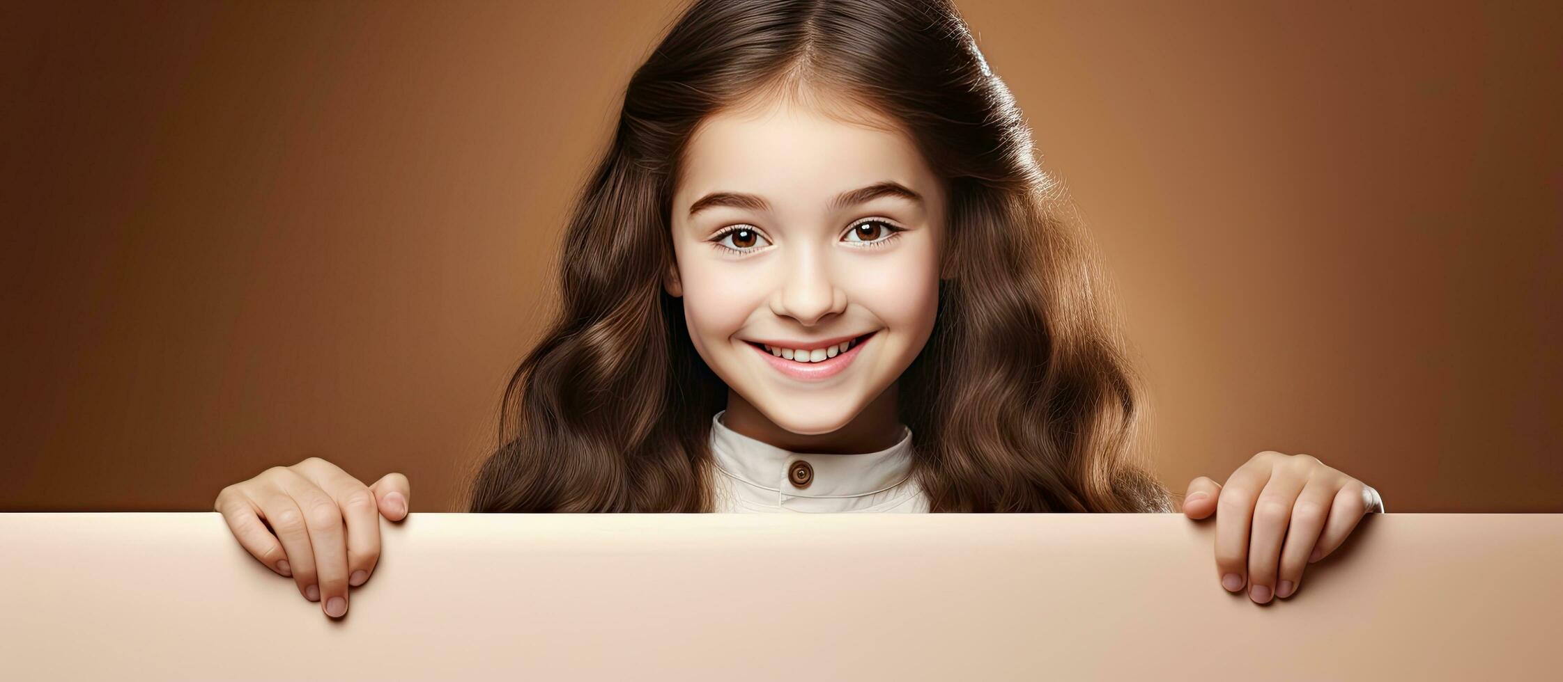 Happy girl behind blank banner on brown background Space for text or design photo