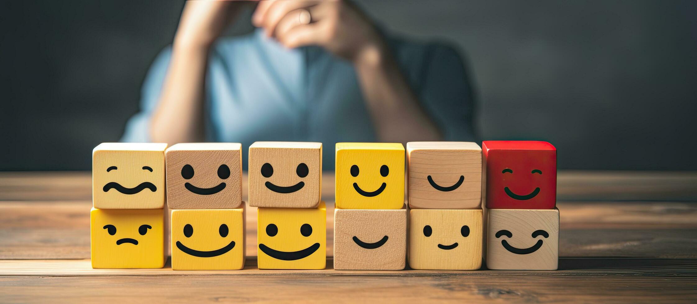 Customer selects smiley face and sad face icons on wooden cube symbolizing service rating and satisfaction Copy space available photo
