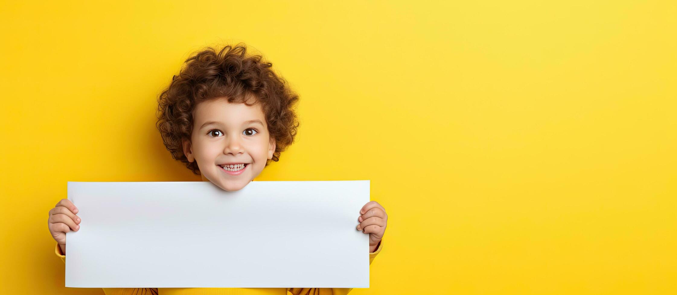 Empty yellow board for text isolated over yellow background with happy children copy space photo