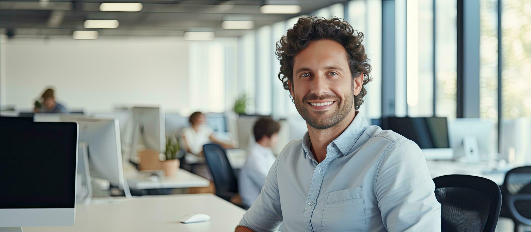 sonriente masculino software desarrollador a trabajo en oficina amplio espacio foto