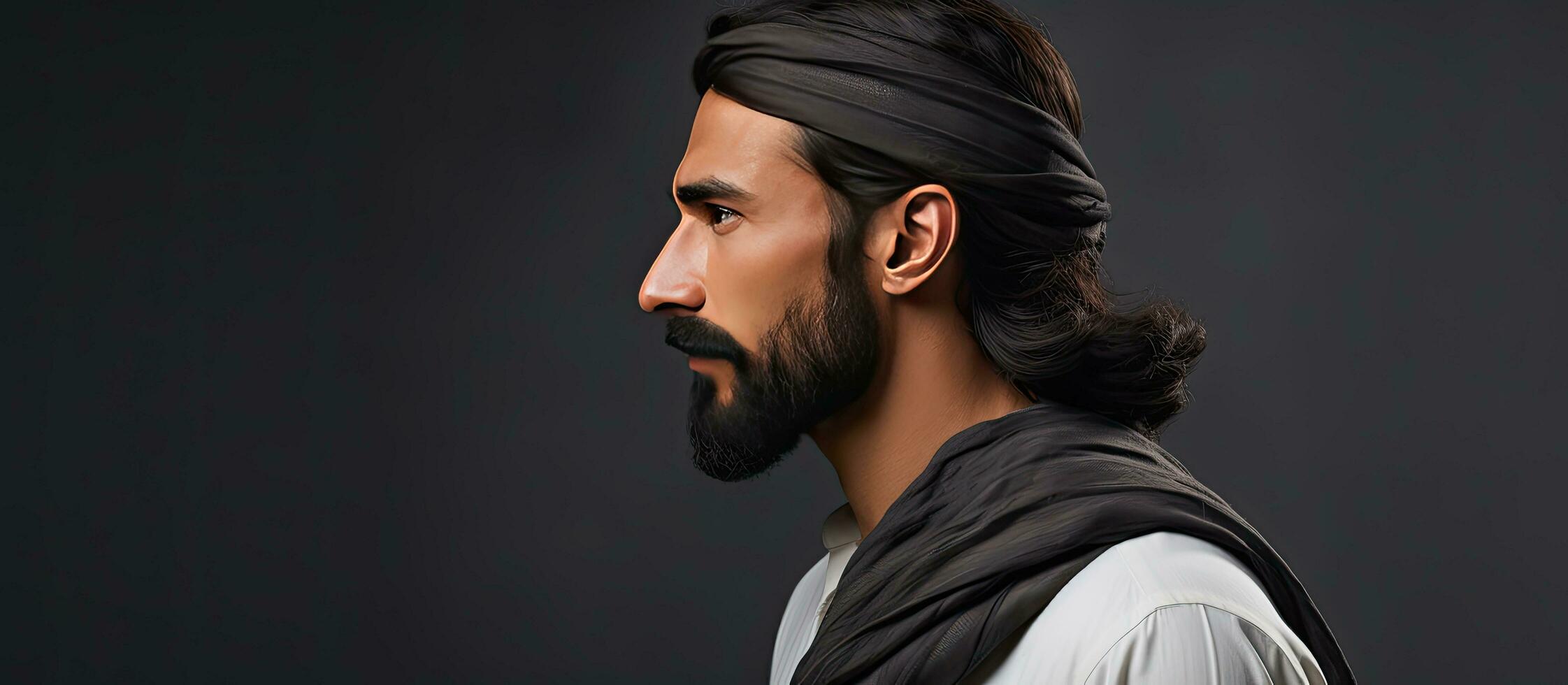 Profile portrait of a young man in traditional Pakistani attire with dark hair mustache and beard against a gray background Horizontal banner with empt photo