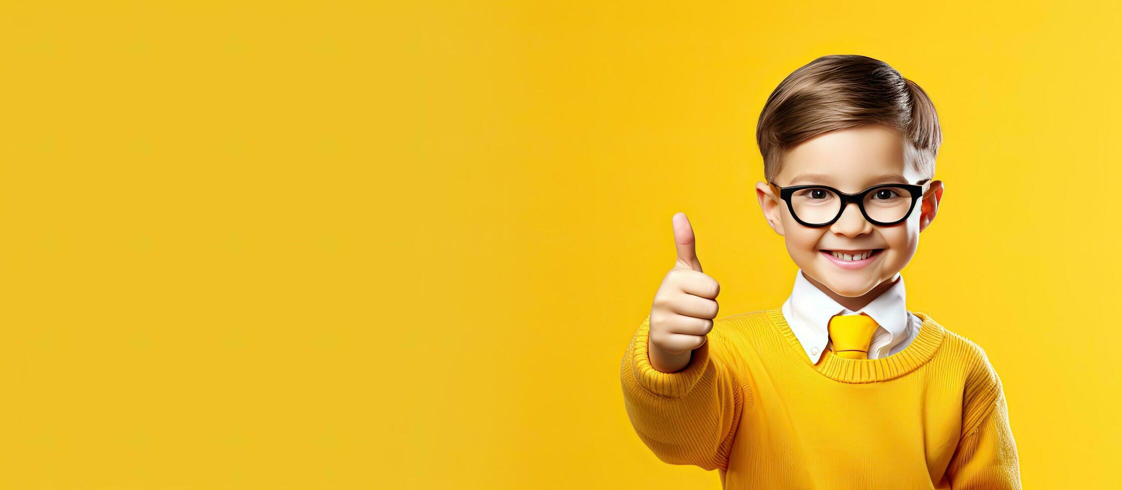 Boy in casual clothes with books pointing at empty space smiling isolated on yellow photo