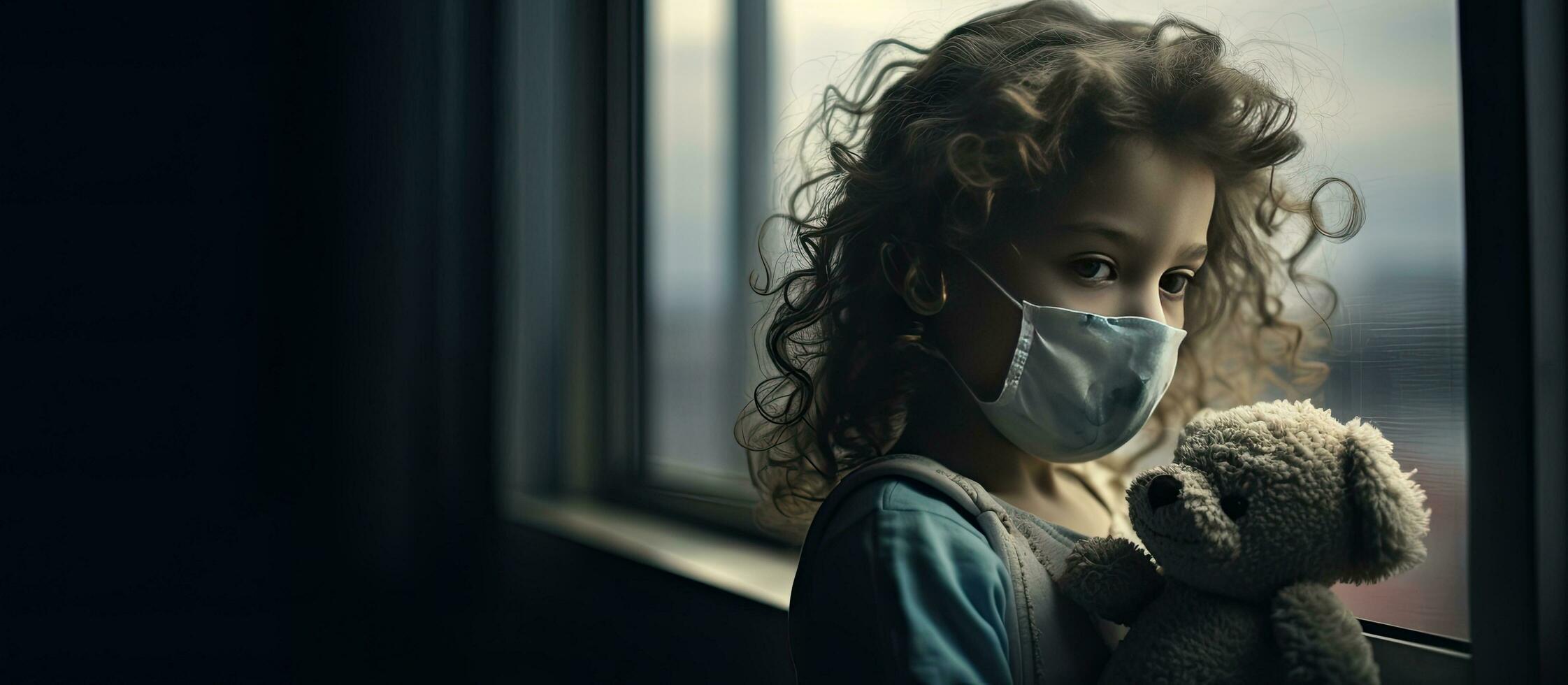 Sick child with protective mask sadly looking out the window photo
