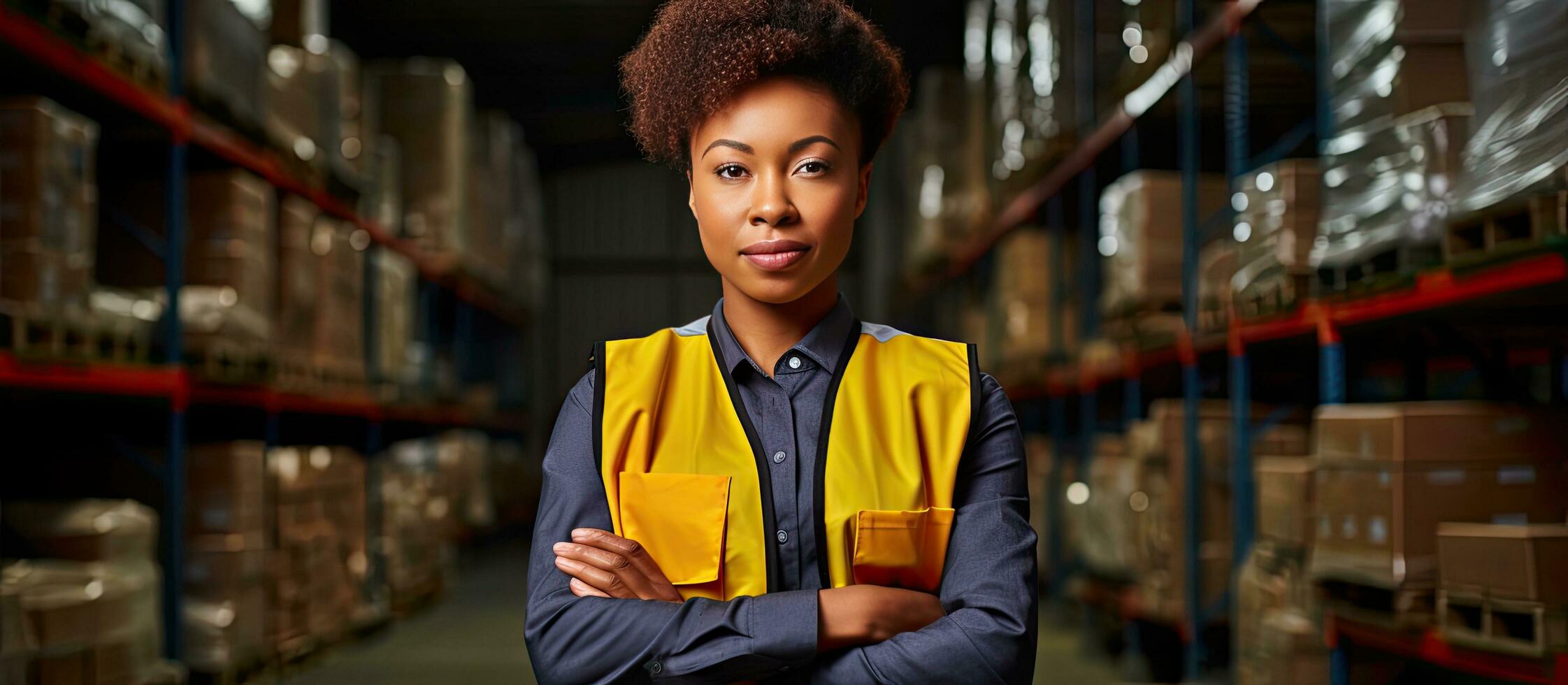 Young African female forklift operator posing in a textile warehouse photo