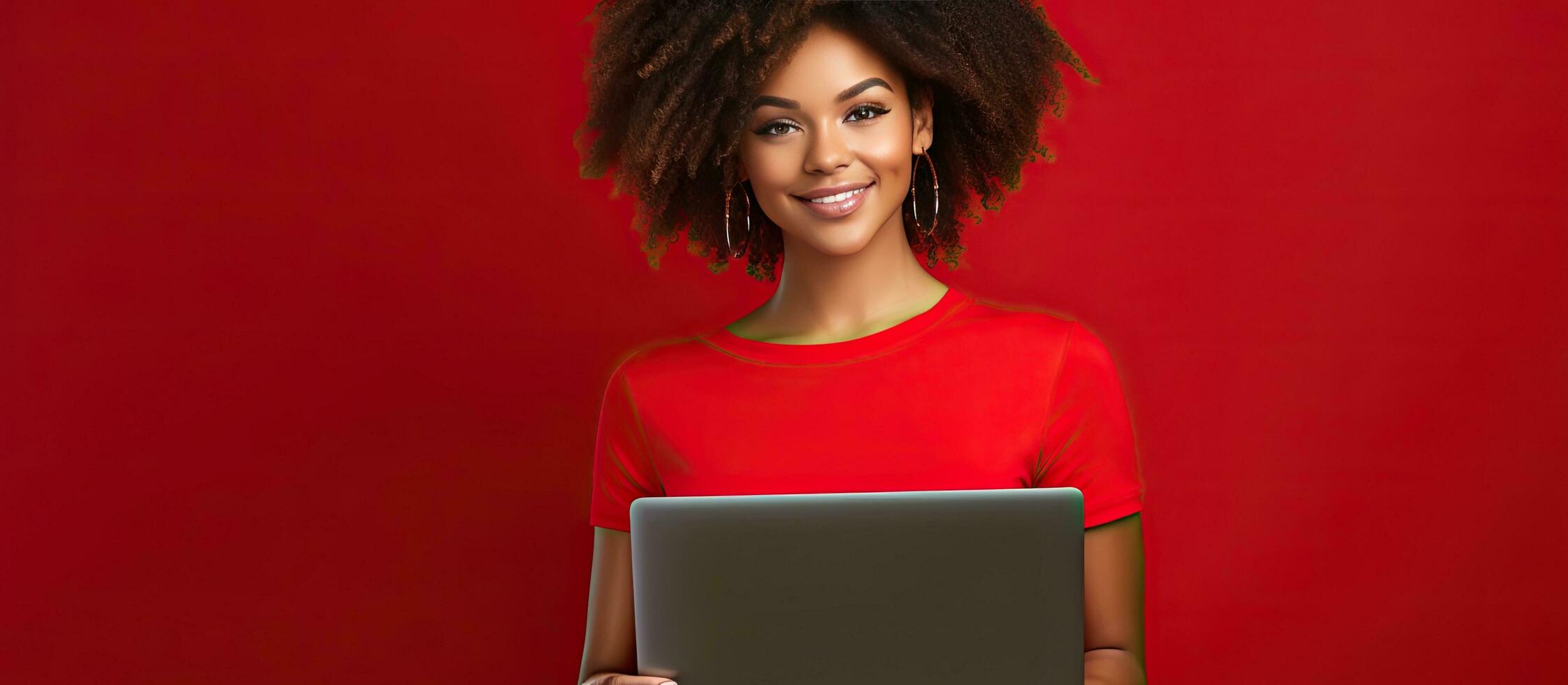 Smiling young African American girl with laptop on red wall background studio portrait People lifestyle concept Mock up copy space photo