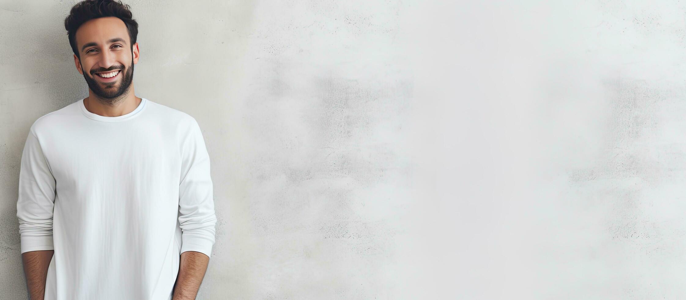 Smiling young man standing against white wall wearing casual clothes photo