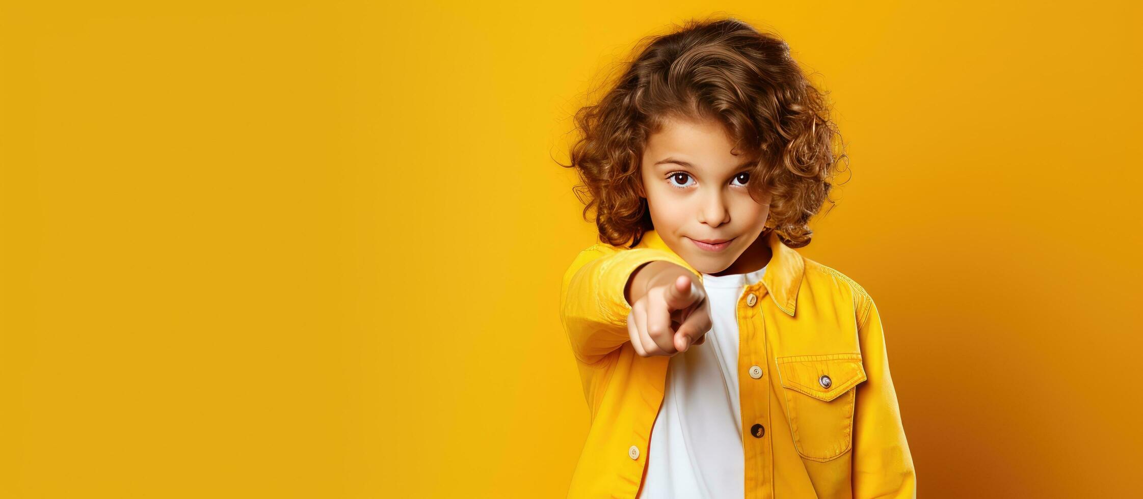 Teenage girl pointing to ads isolated on yellow background with copy space for mock up photo