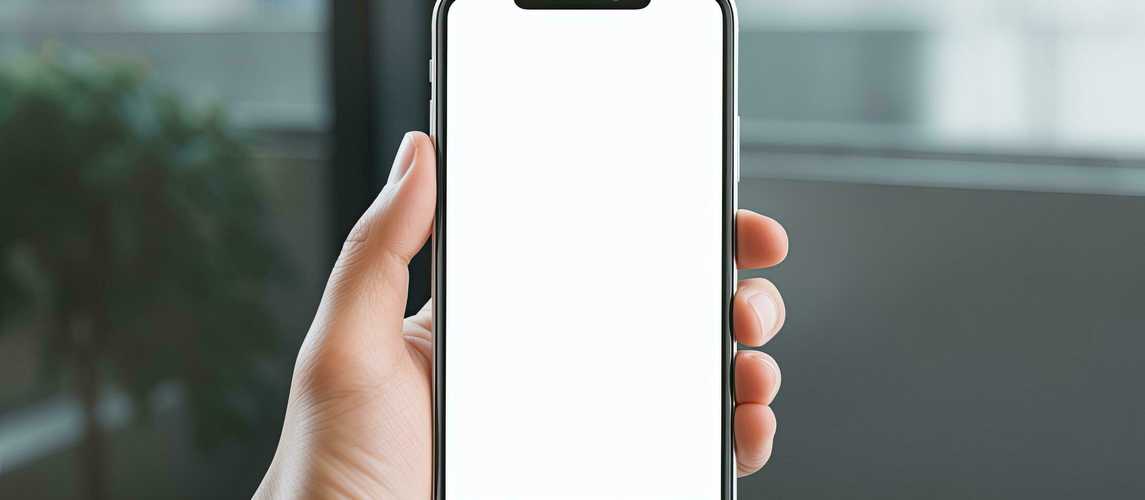 Closeup view of a young female holding a cell phone with a blank screen displaying a social media app ad photo