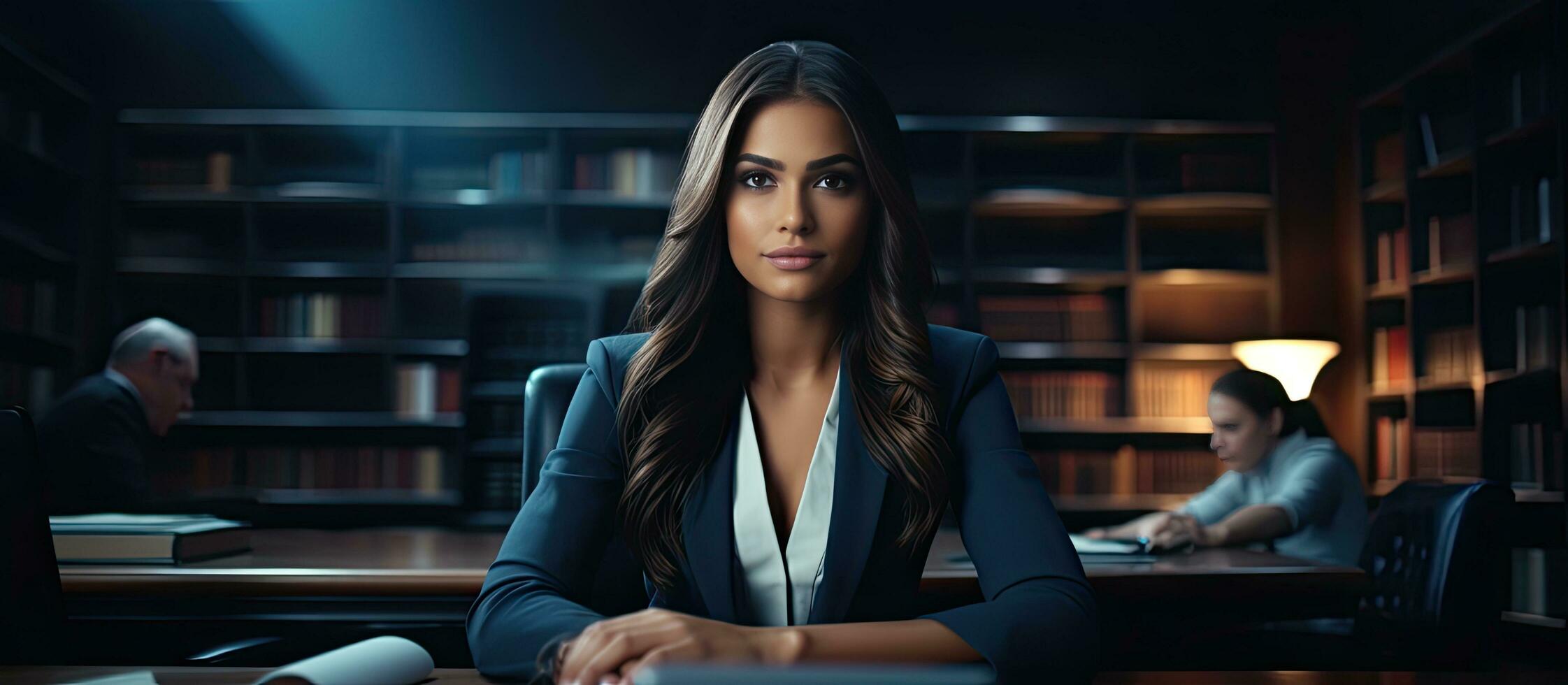 Beautiful brunette student working in a modern office next to a laptop with copy space photo