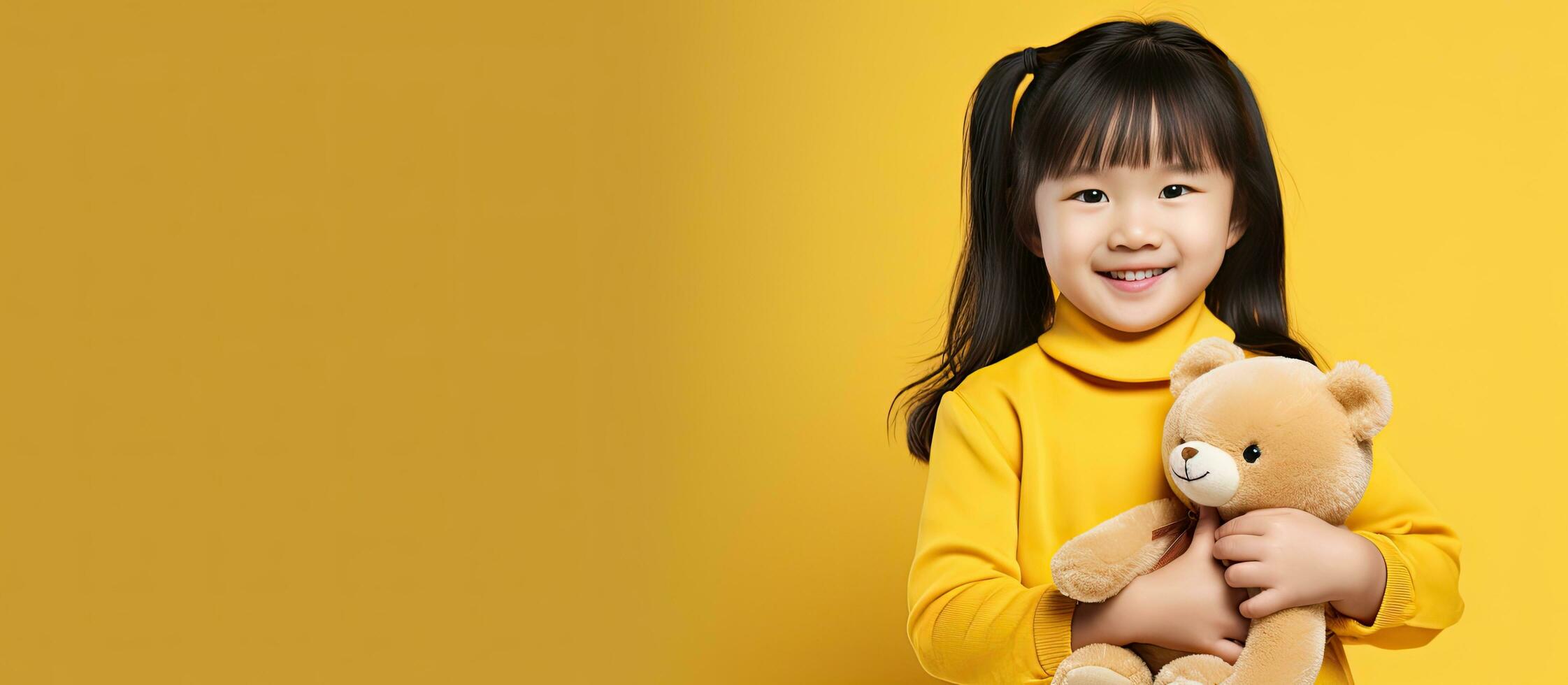 Cute Asian girl with teddy bear standing alone on yellow background photo