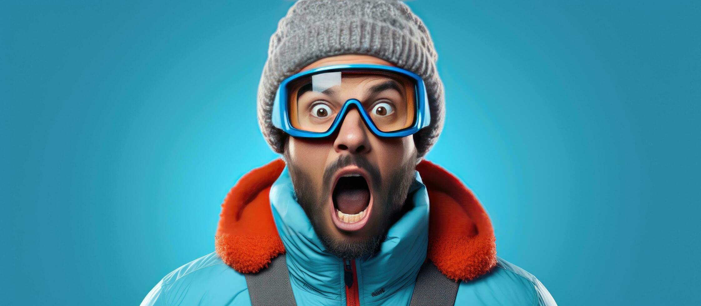 Adult man wearing winter jacket and ski goggles with a puzzled face expression standing against blue background with copy space Male snowboarder promot photo