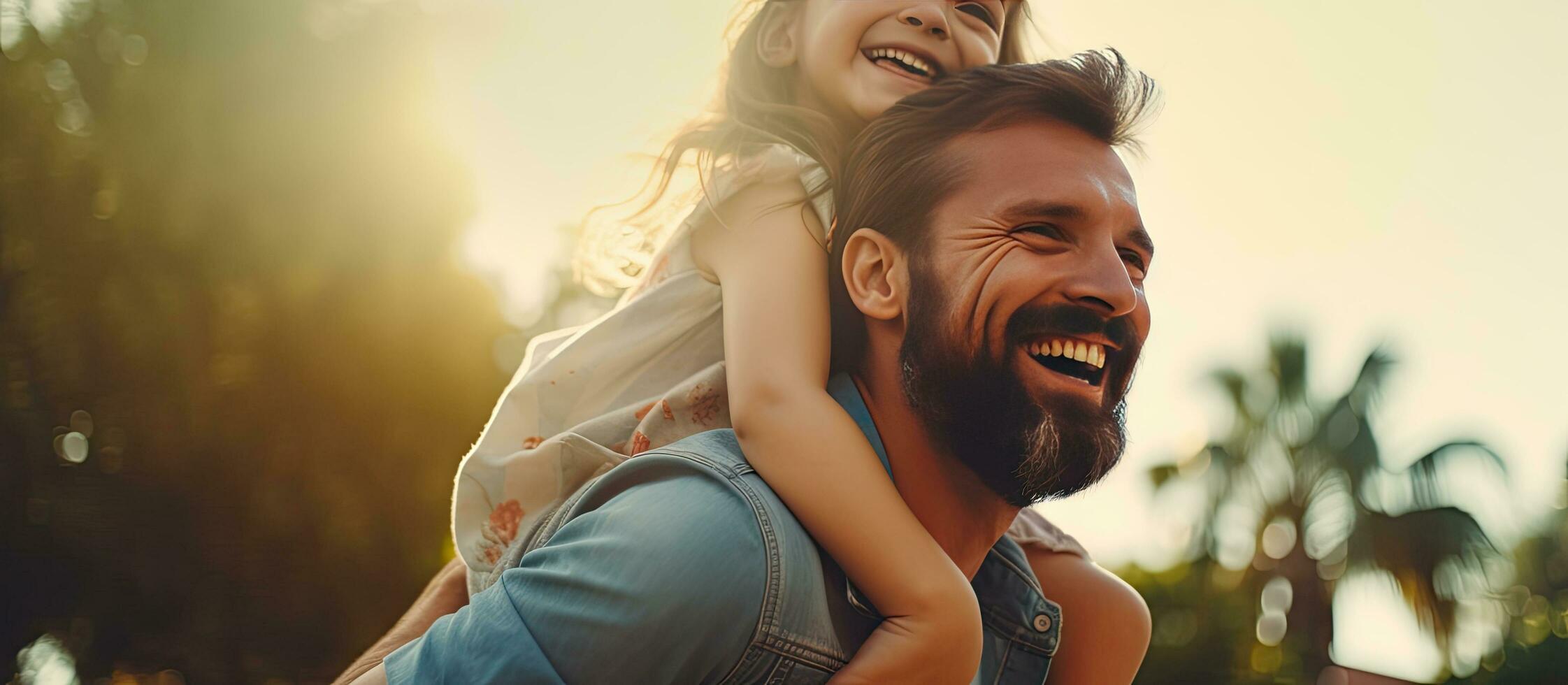 Girl sitting on dad s shoulders laughing Summer family lifestyle concept Space for text photo