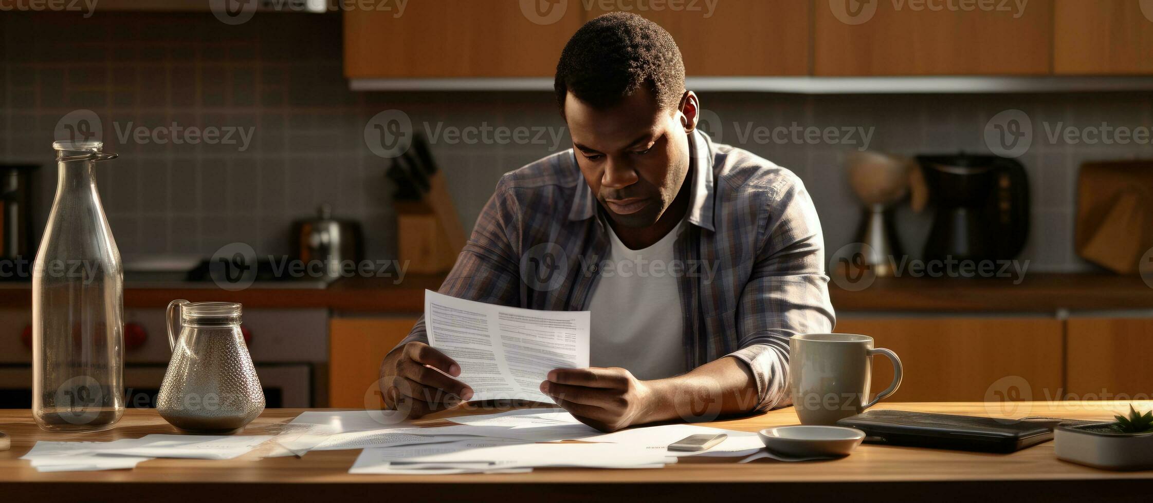 Black middle aged man frustrated over financial crisis managing expenses with laptop and calculator in kitchen photo