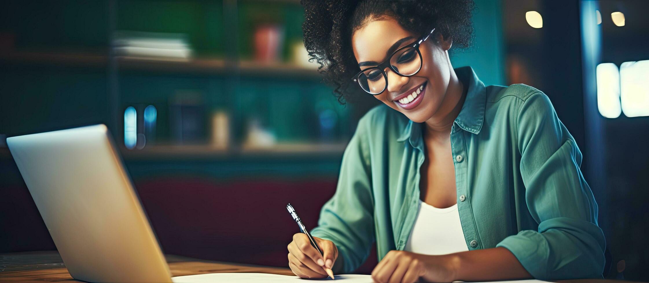 Young black woman using laptop and notebook while attending webinar and holding pen photo