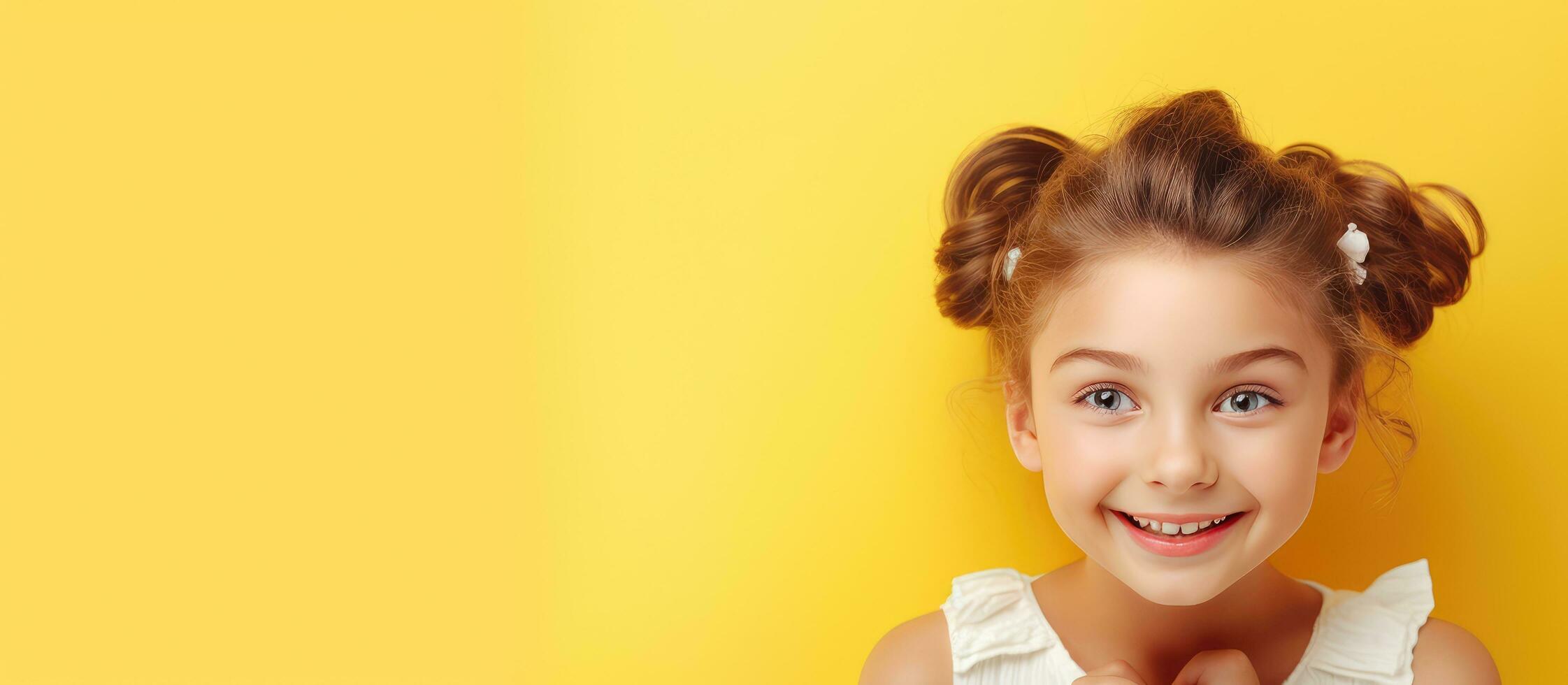 Teen girl advertising product on yellow background with copy space winking photo