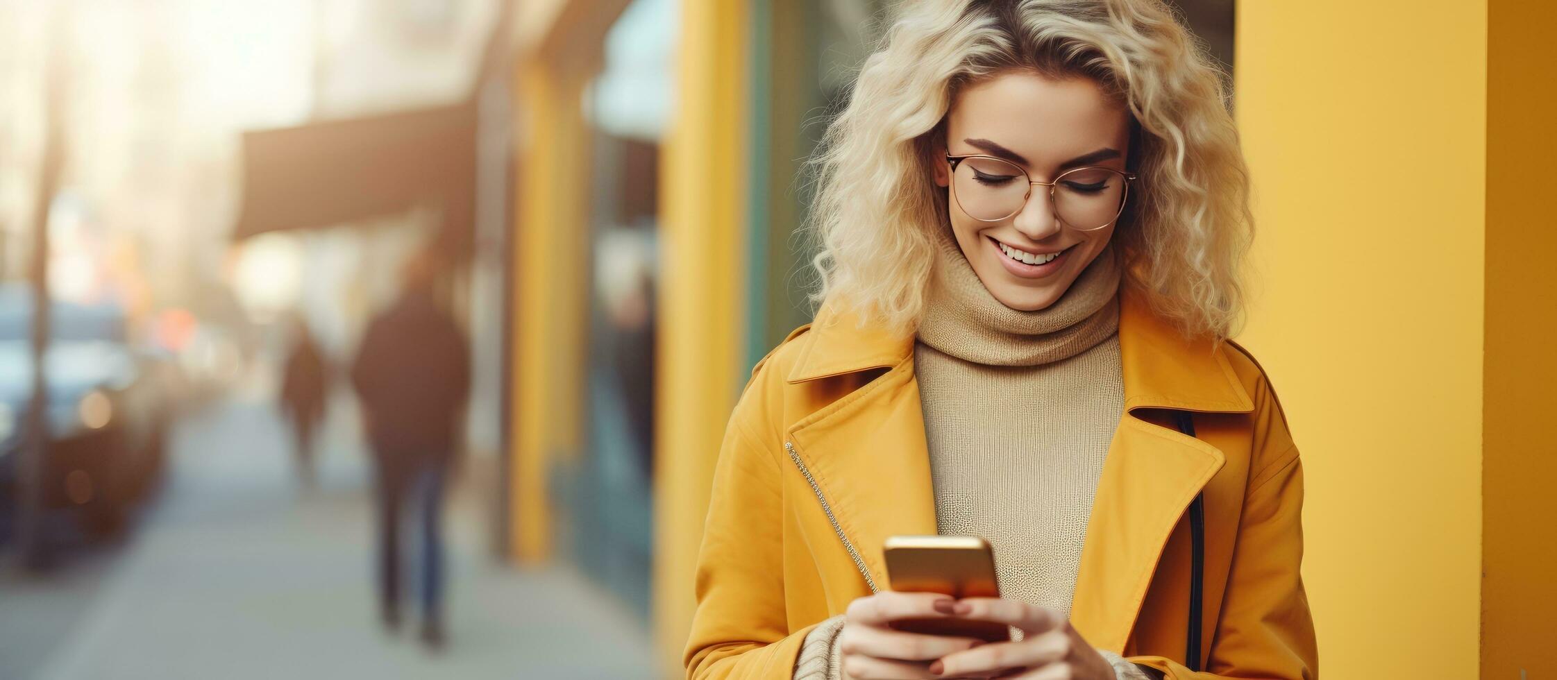 A Caucasian woman is smiling while sending a message on her smartphone in front of a promotional background She is a positive trendy girl blogging on s photo