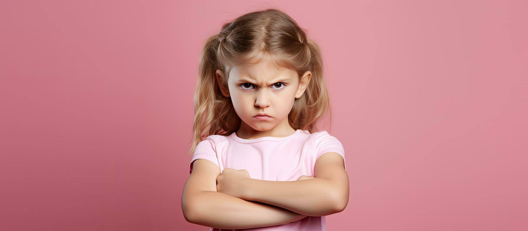 Little girl displaying non verbal refusal Pink background empty area for text Child expressing dissent denial photo