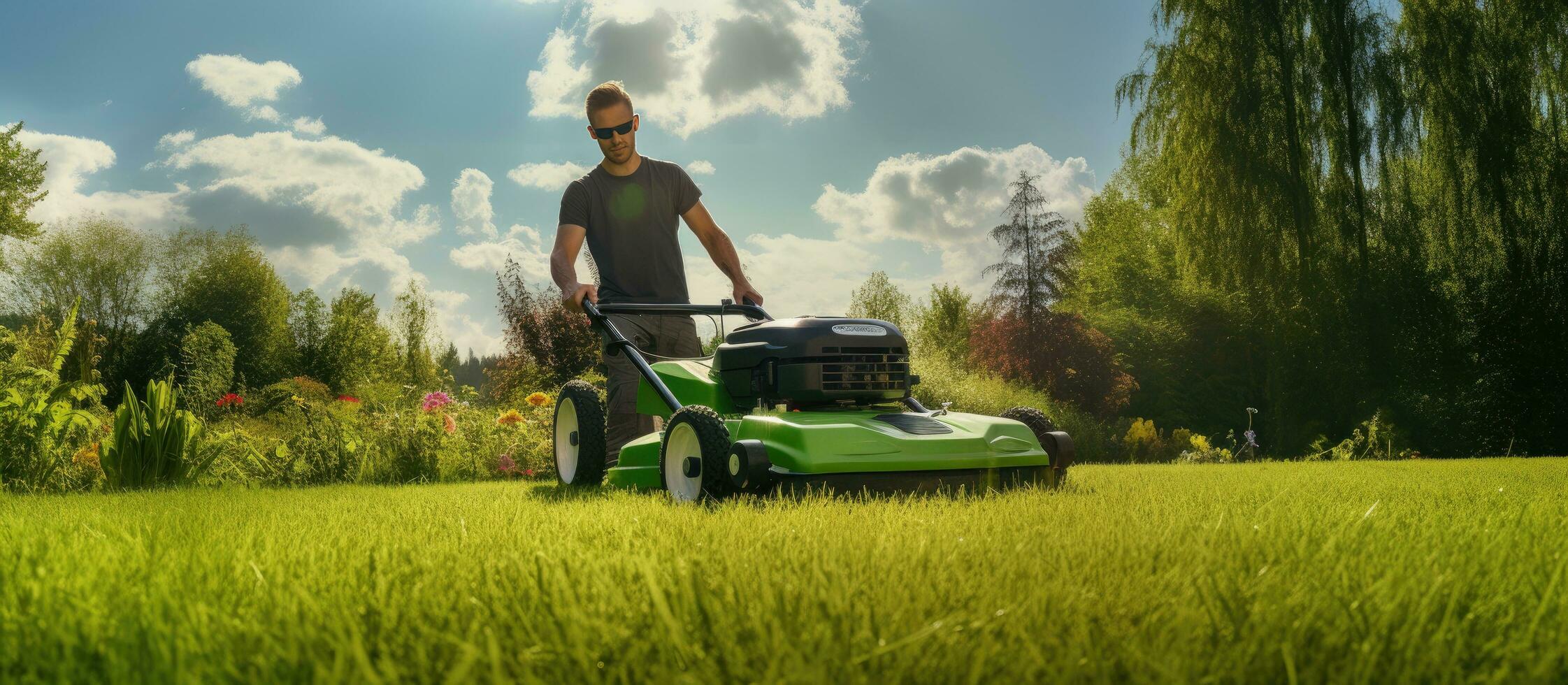 un profesional jardinero tiende a el césped en un hermosa jardín utilizando un cortacésped foto